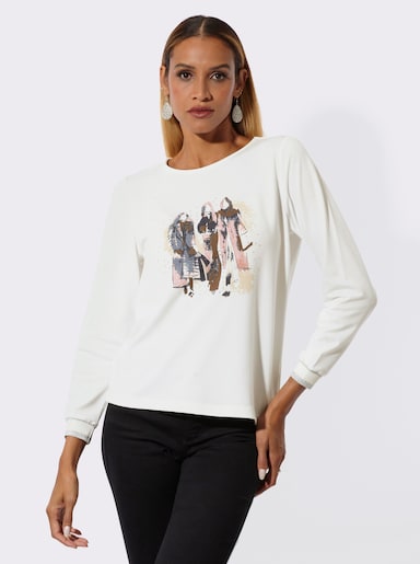 Langarmshirt mit Ziersteinchen - ecru-rosenholz-bedruckt