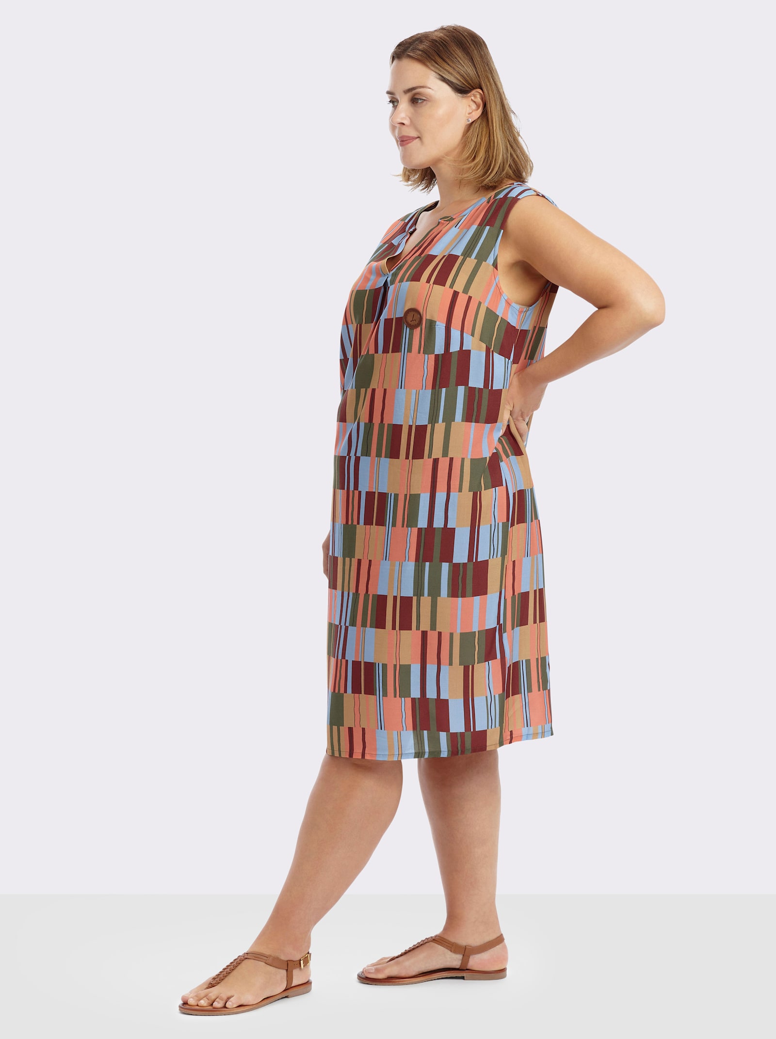 Druckkleid aus reiner Viskose - khaki-rotbraun-gemustert