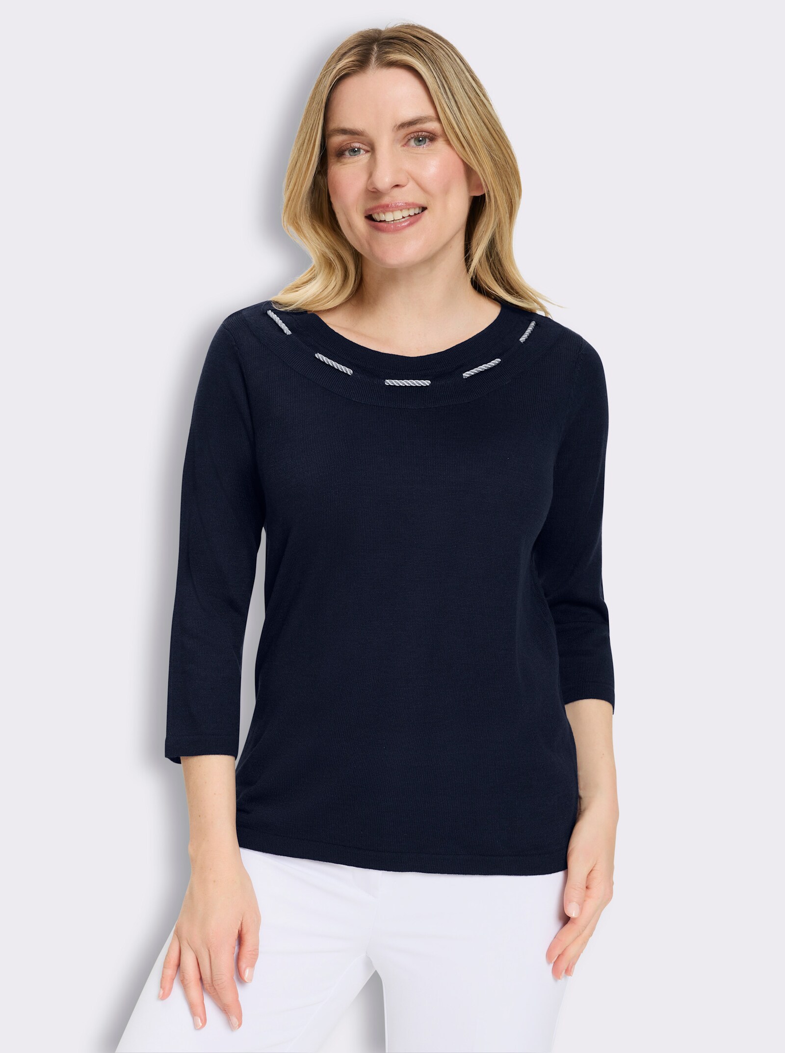 3/4-Arm-Pullover mit Zierkordel am Ausschnitt - marine