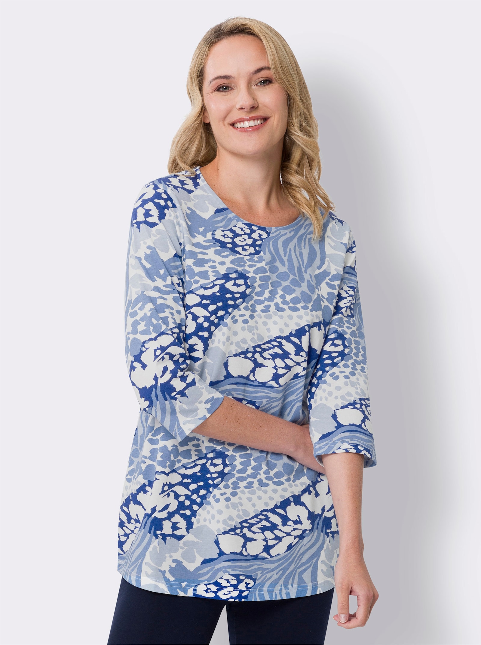 Rundhalsshirt in A-Form, bedruckt - hellblau-royalblau-bedruckt