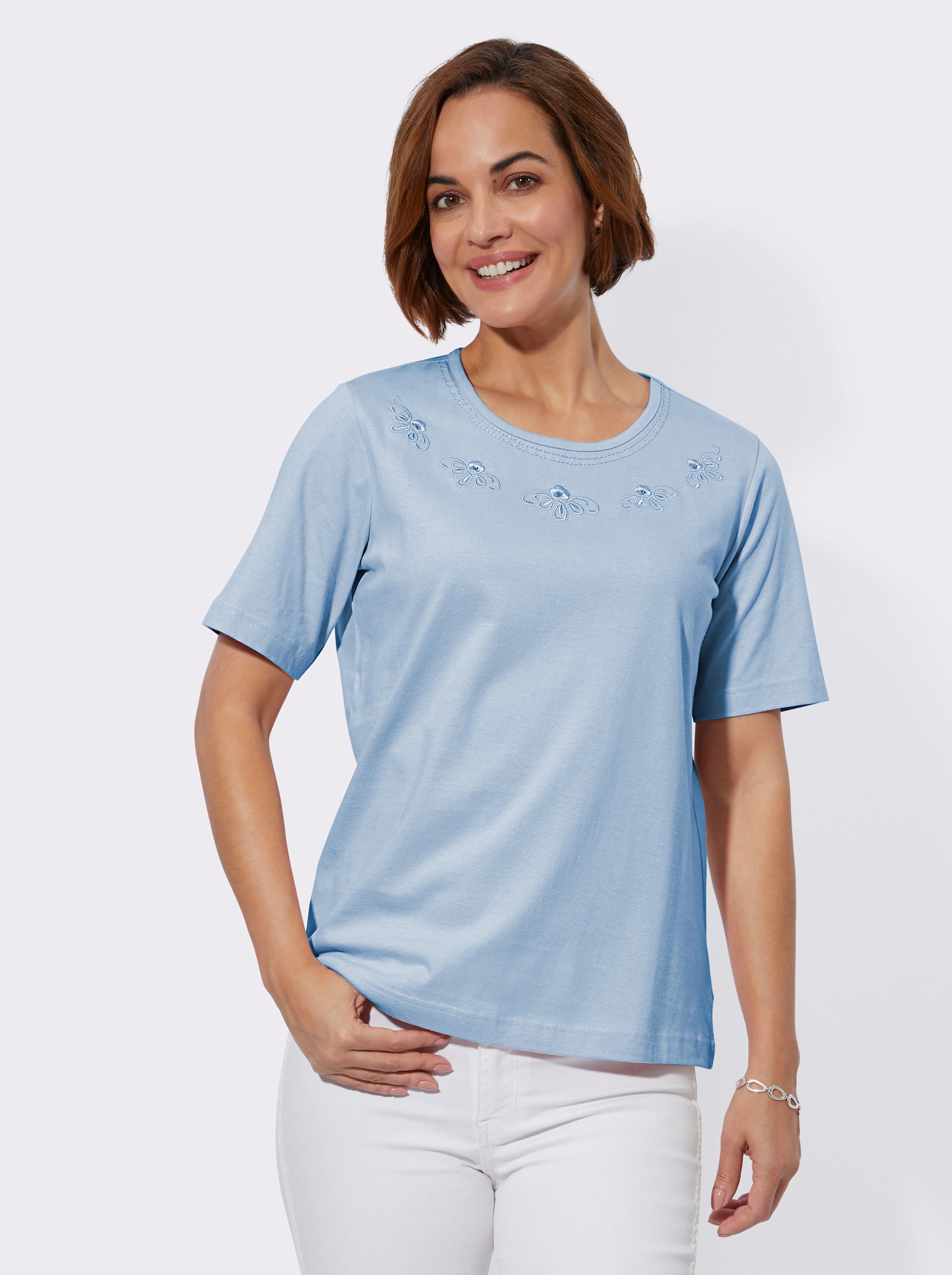 Kurzarmshirt mit Glitzersteinchen - eisblau