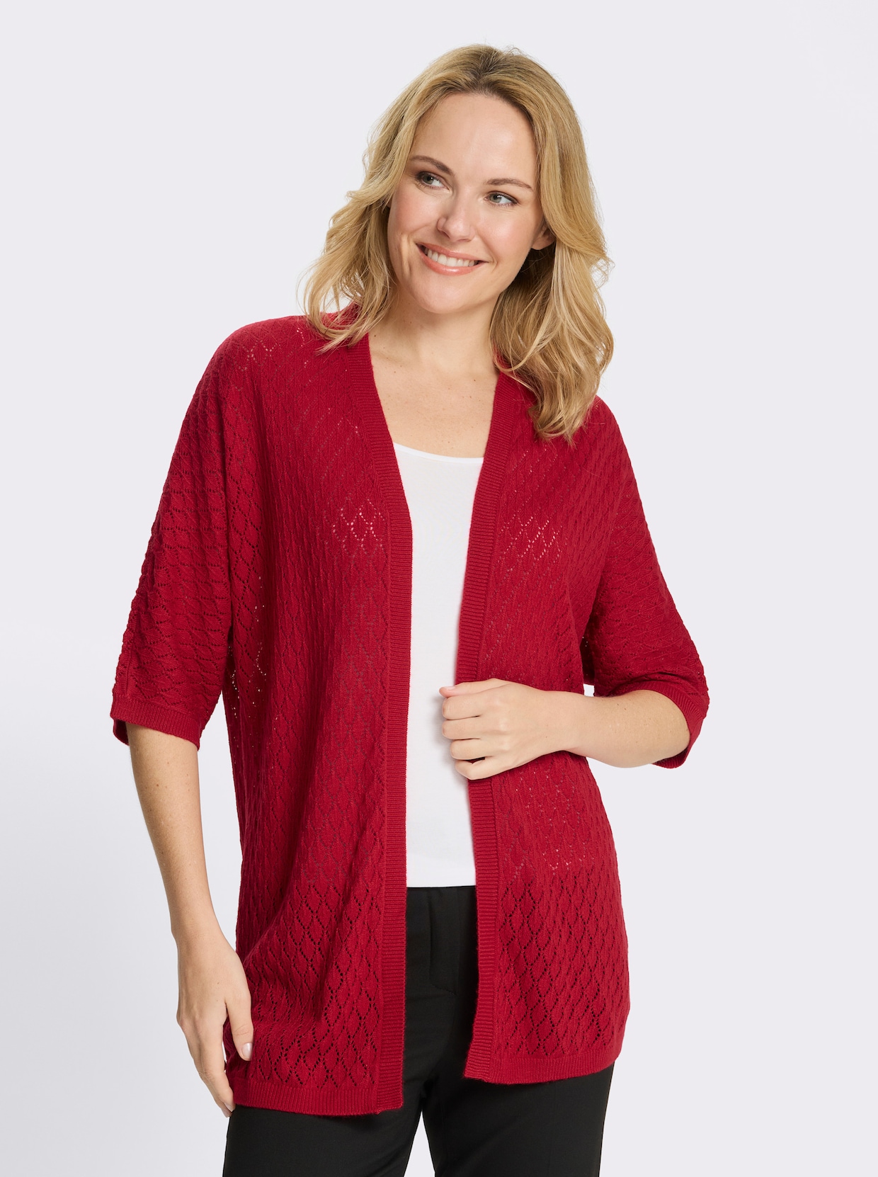 Longstrickjacke mit Ajour-Muster - rot