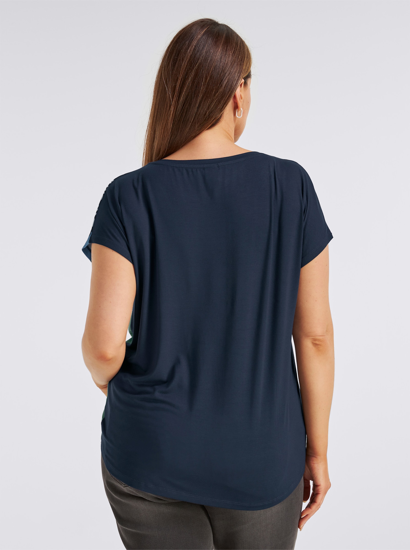 Kurzarmshirt hinten länger geschnitten - marine-apfel-bedruckt