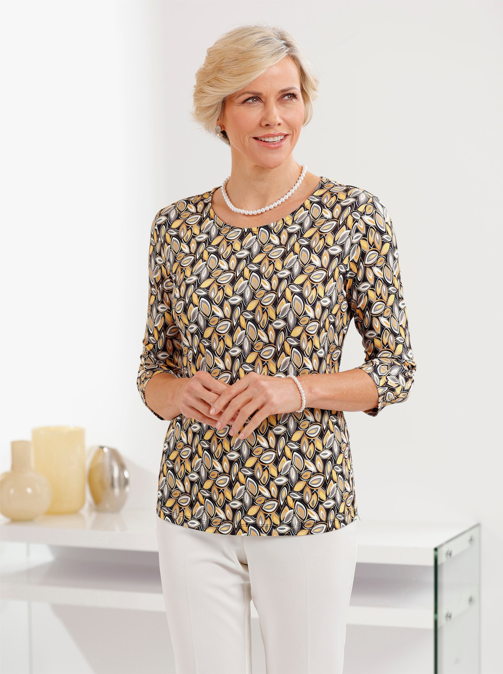 Shirt met ronde hals en grafische print - geel/grijs geprint