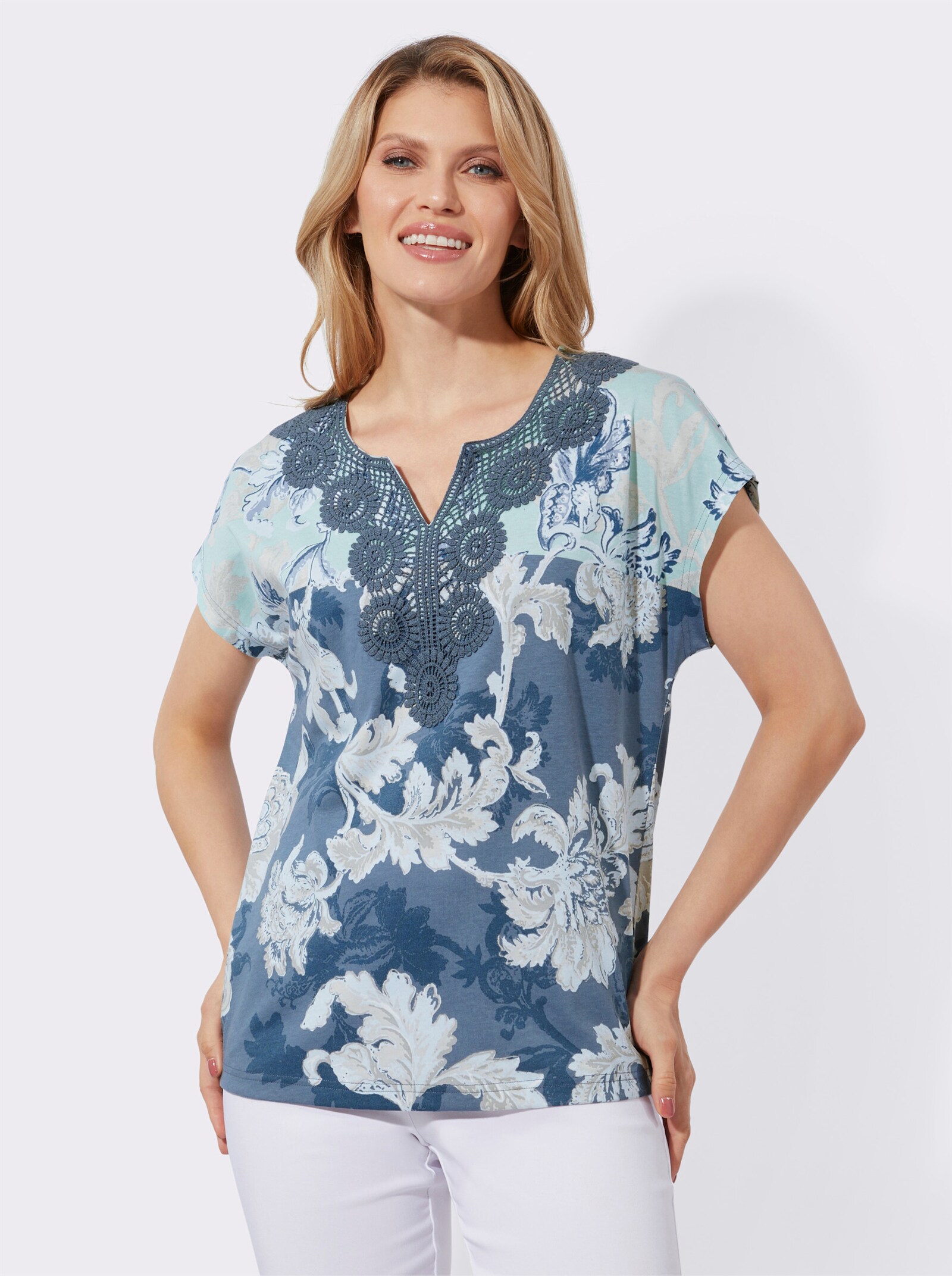 Shirt met gehaakt kant - kalkmint/rookblauw bedrukt