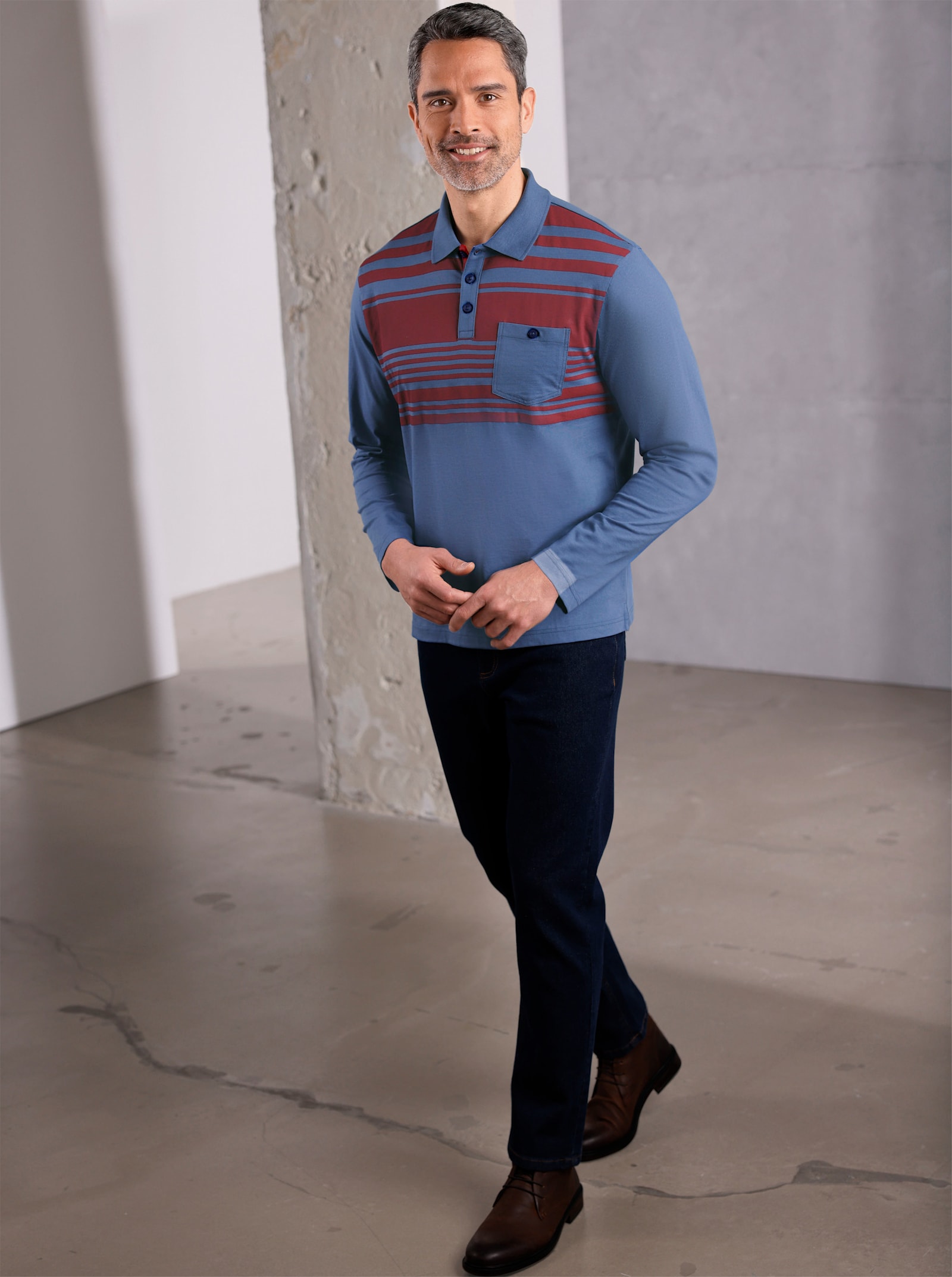 Poloshirt met lange mouwen en streepprint voor - jeansblauw/donkerrood