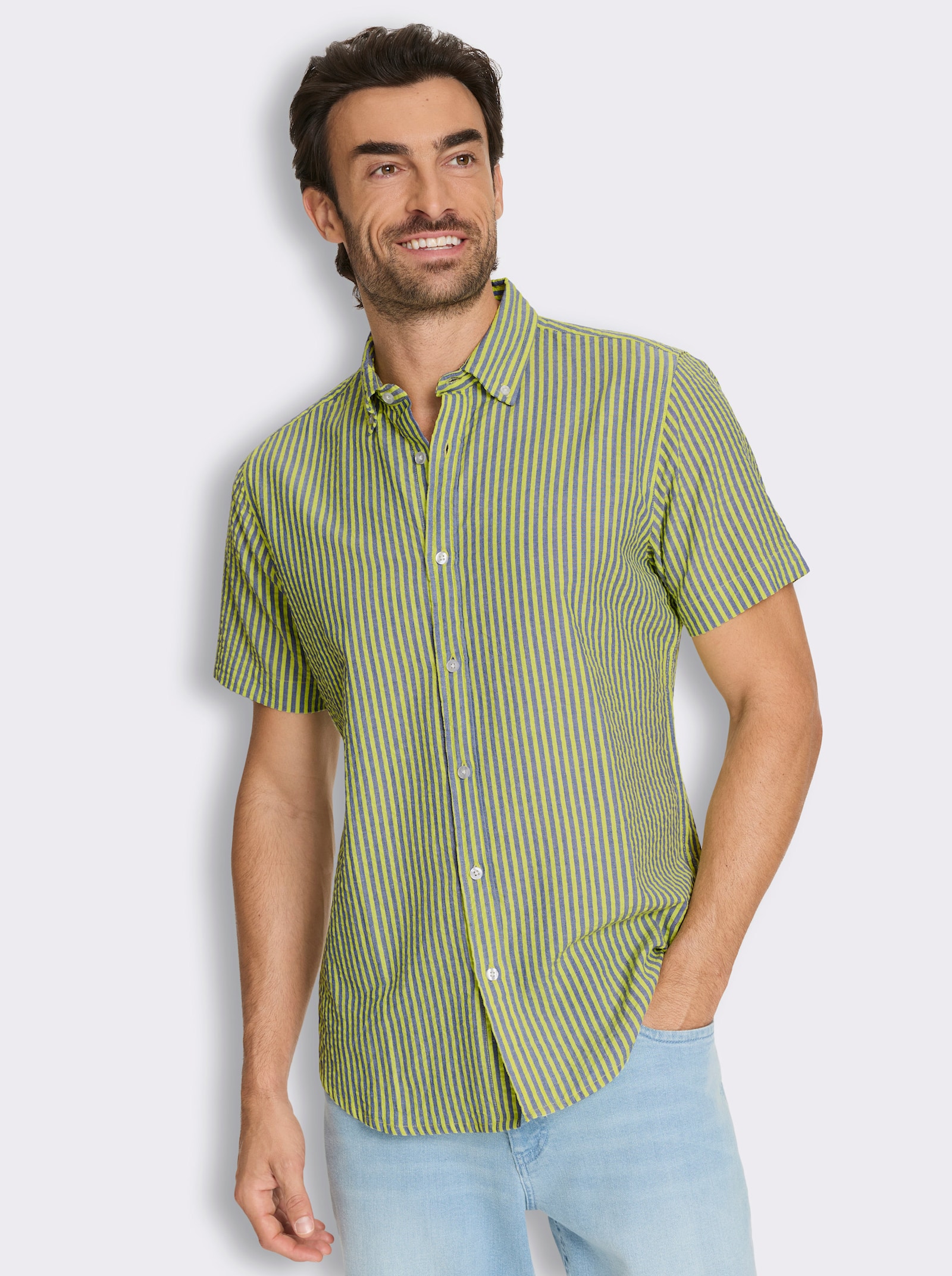 Marco Donati Kurzarmhemd aus Baumwoll-Seersucker - jeansblau-limone-gestreift