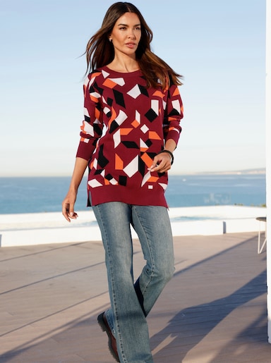 heine Longpullover mit Grafikmuster - dunkelrot-champagner-gemustert