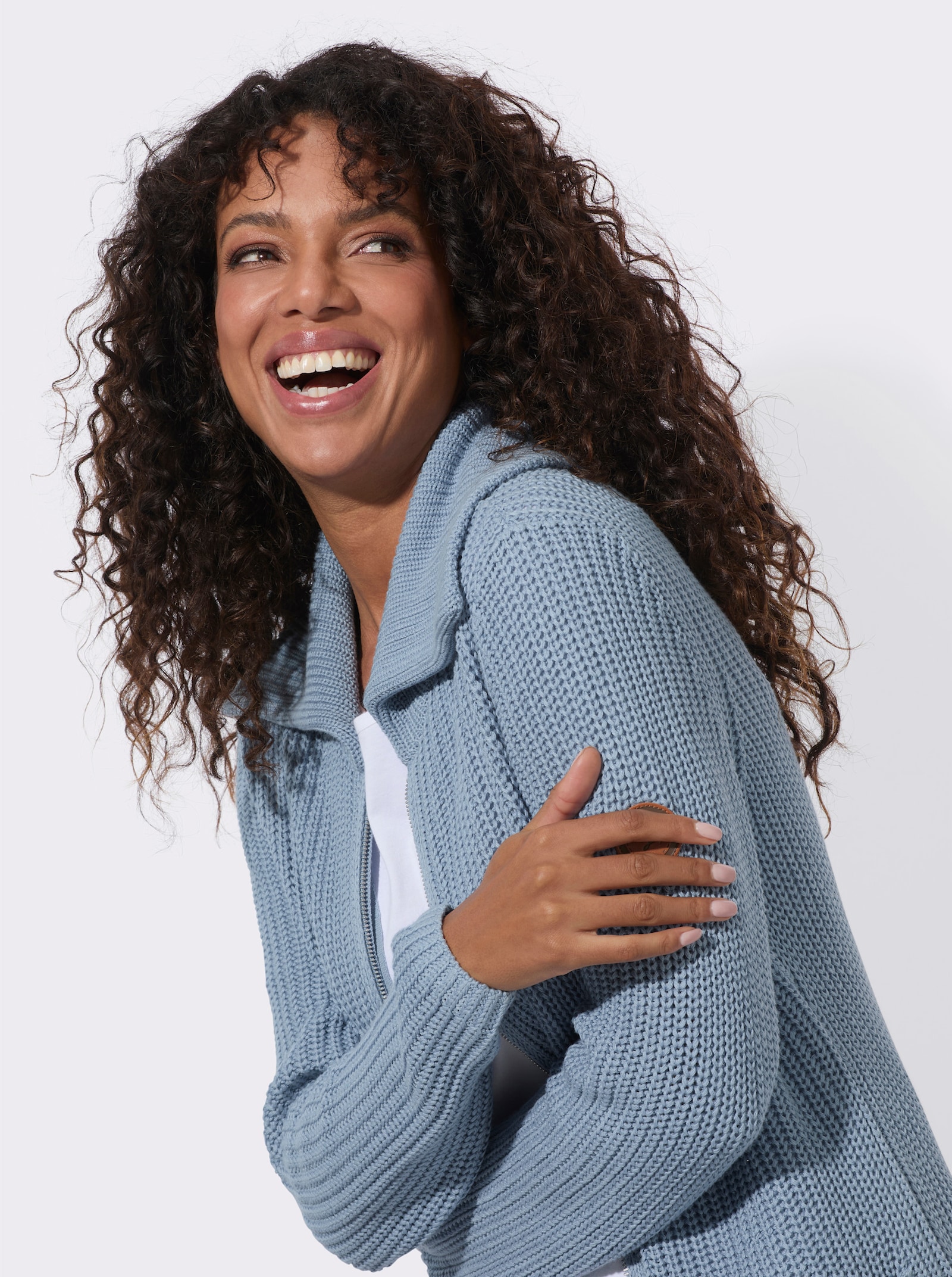 Longstrickjacke mit Umlegekragen - bleu