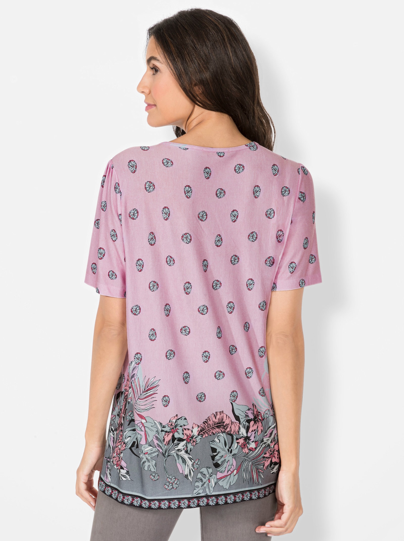 Tunikashirt mit Raffung am Ausschnitt - hellrosé-bedruckt