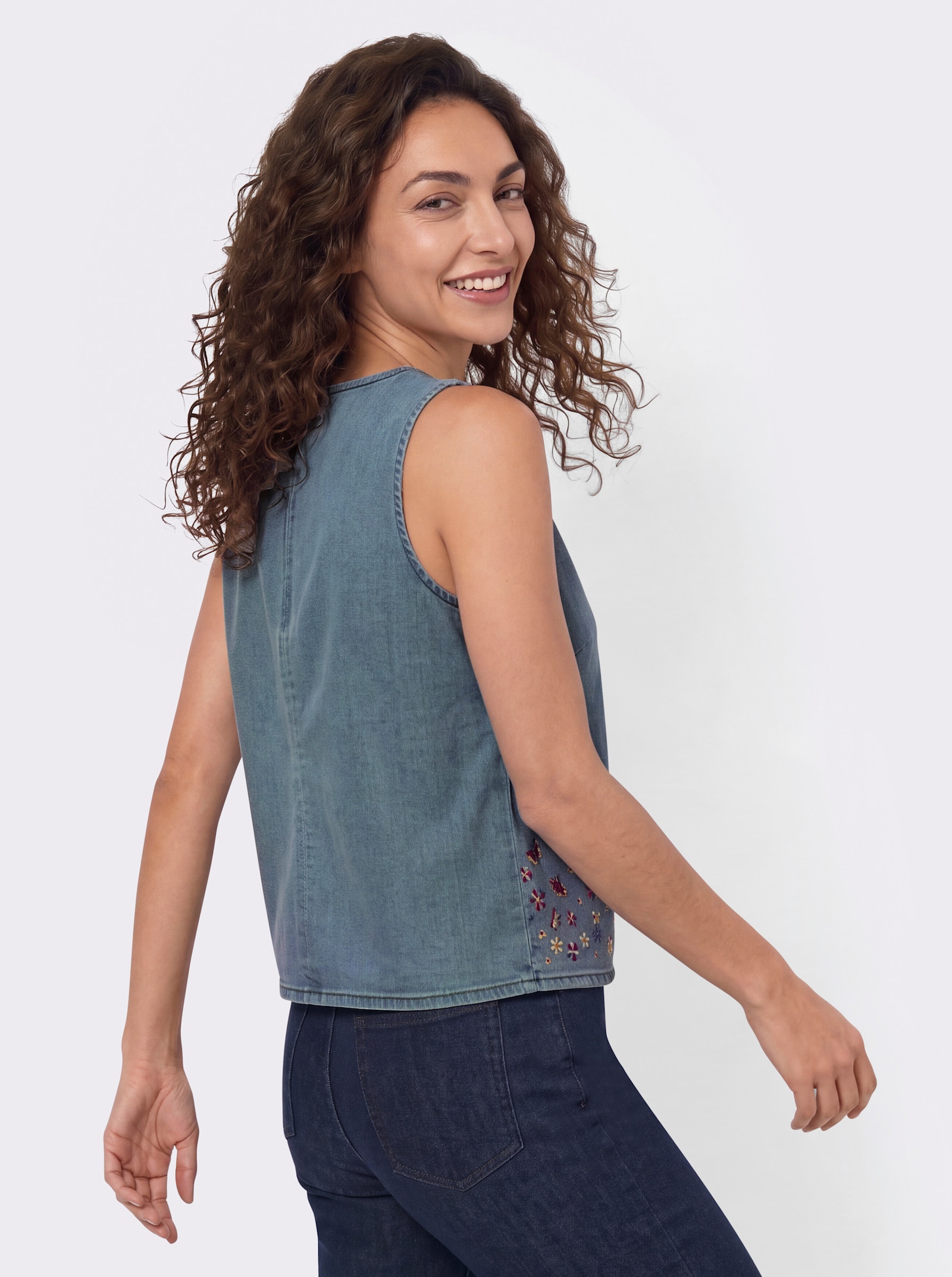 Jeanstop mit Stickerei am Saum - blue-bleached