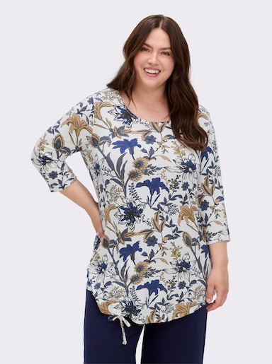 Print-Shirt mit 3/4-Ärmeln - ecru-royalblau-bedruckt