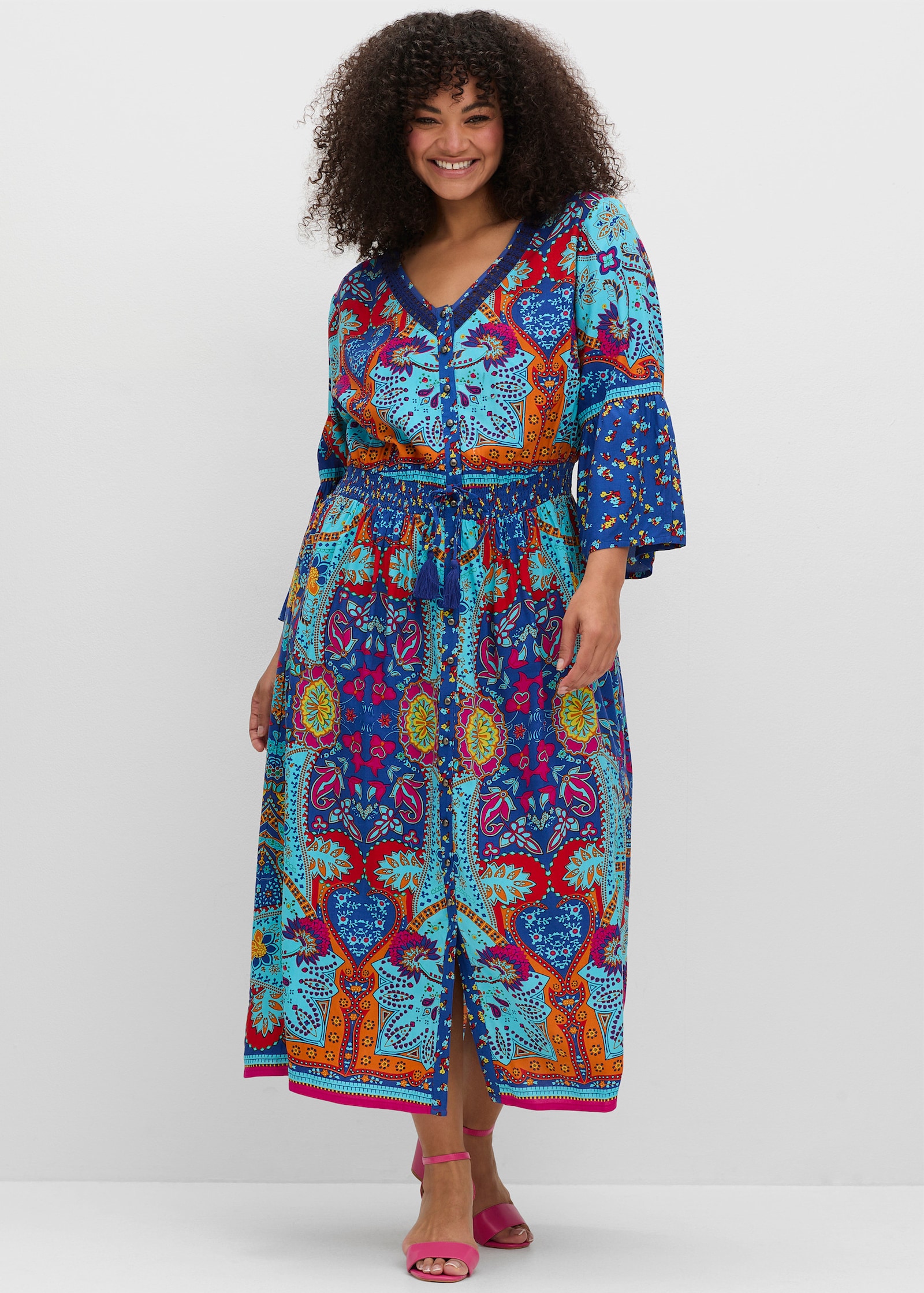 sheego by Joe Browns Maxikleid im Boho-Stil, mit Taillen-Smokbund - blau gemustert