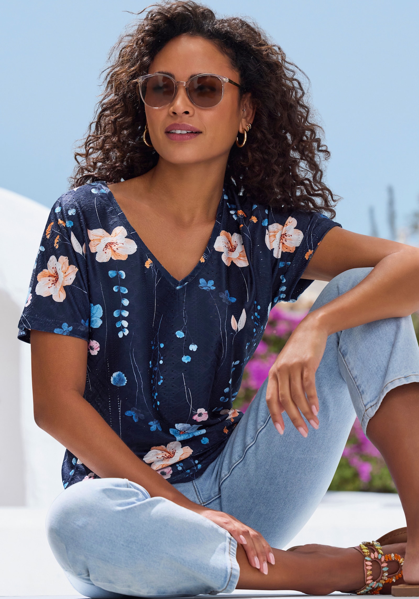 Vivance Kurzarmshirt - creme + navy