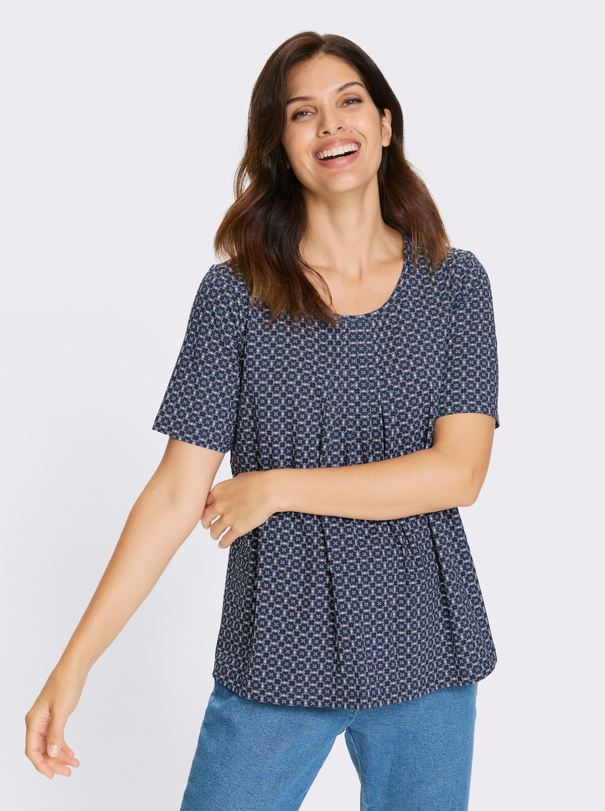 Kurzarmshirt - dunkelblau-weiß-bedruckt