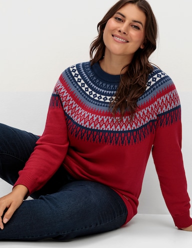 Norwegerpullover aus reiner Baumwolle - kirsche-nachtblau-gemustert