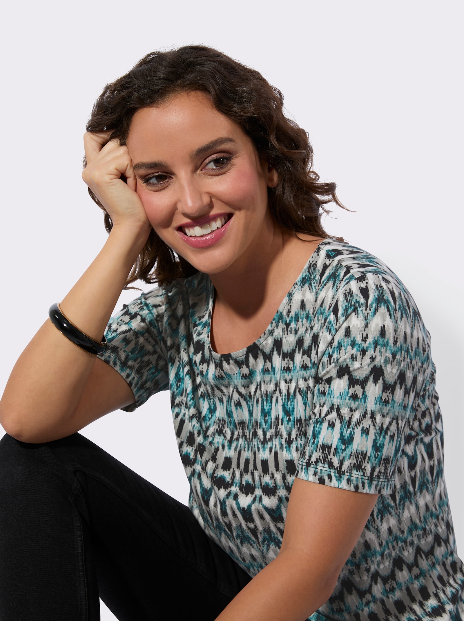 Kurzarmshirt im Viskose-Elasthan-Mix - mint-salbei-bedruckt