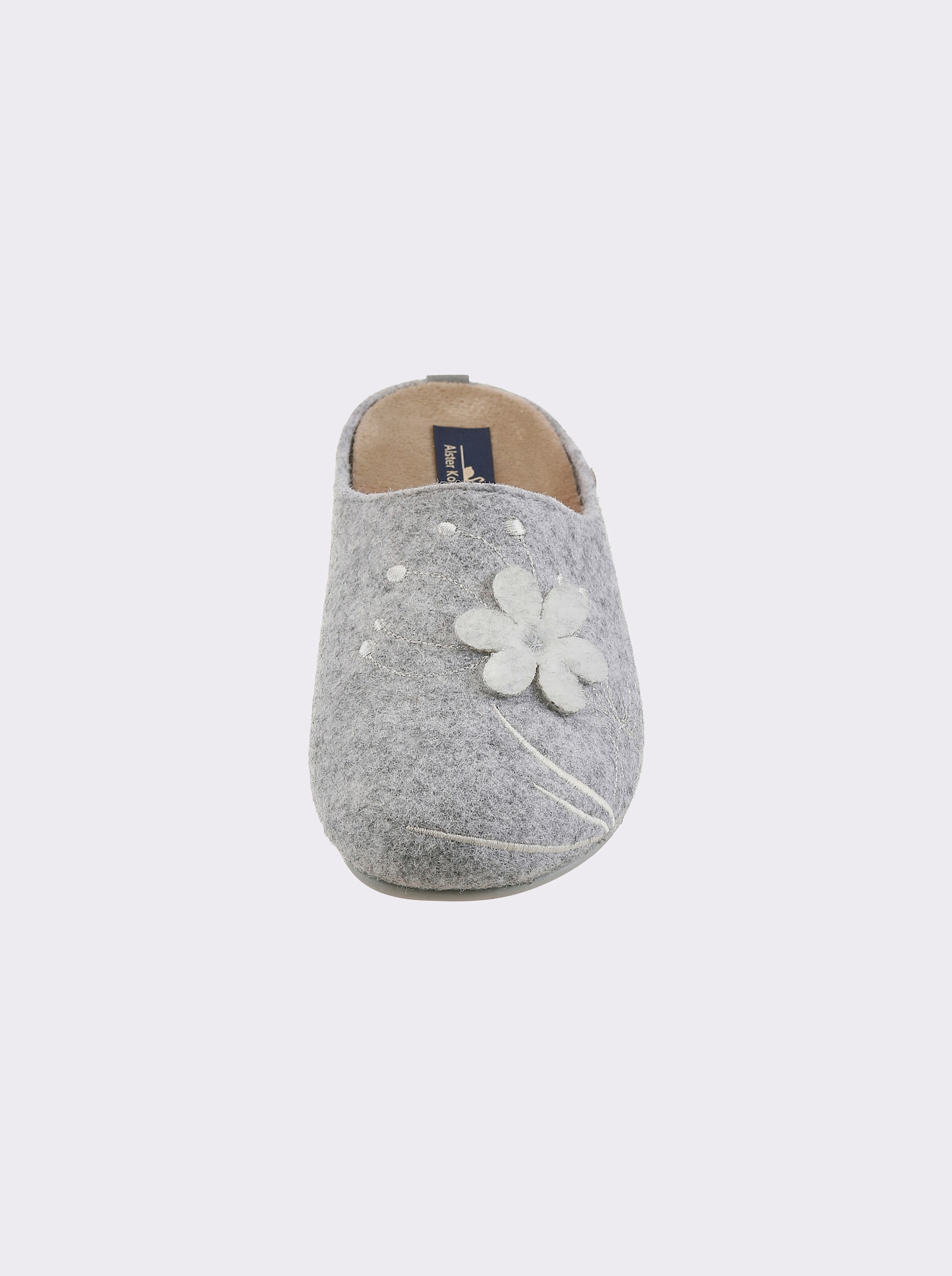 Pantoffel mit Blüten-Applikation, Filz - grau