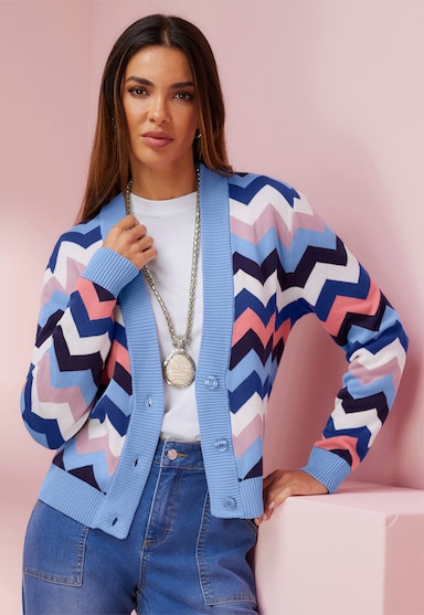 heine Strickjacke - himmelblau-flamingo-gemustert