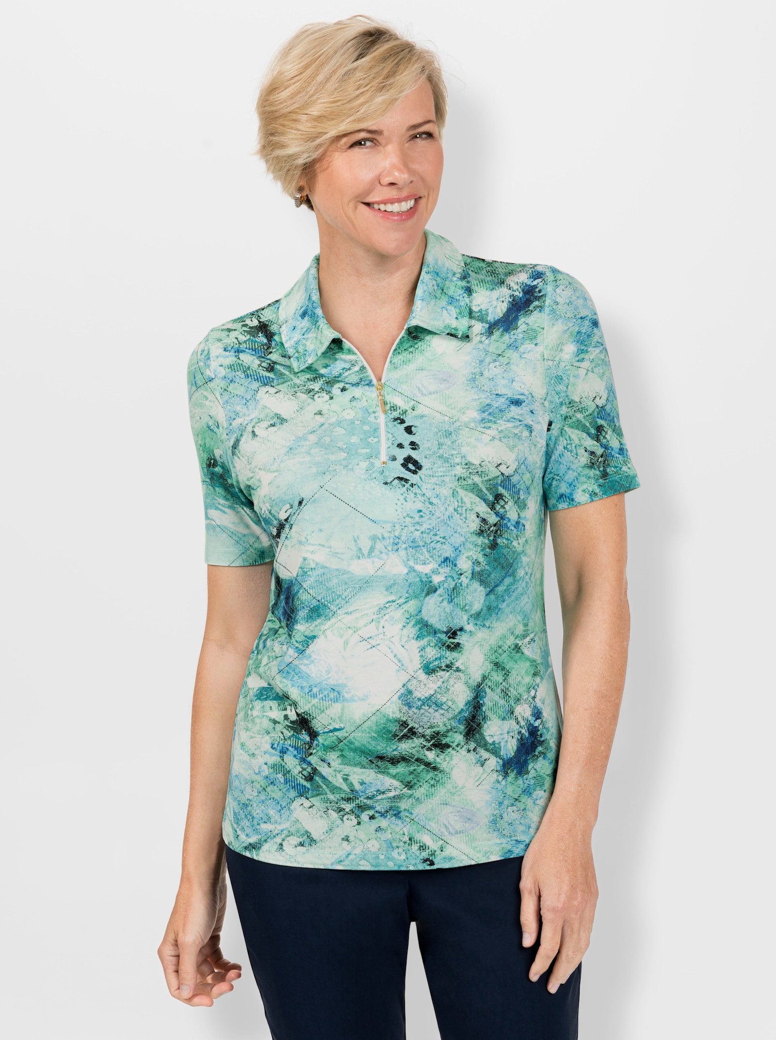 Poloshirt mit goldfarbenem Zipper - mint-jeansblau-bedruckt