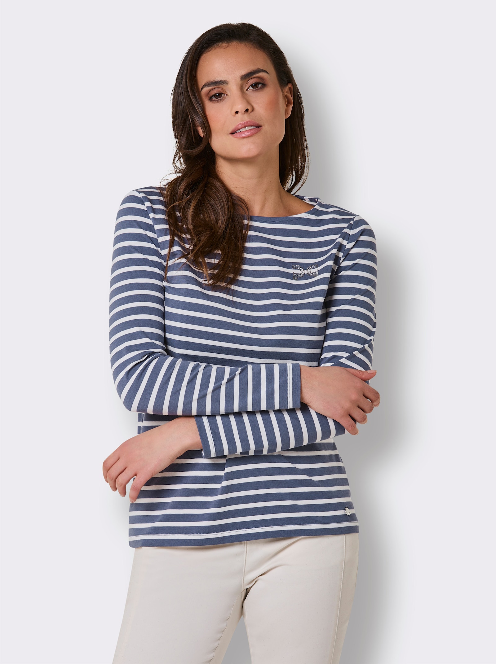 CREATION L PREMIUM Ringelshirt mit Strass-Steinchen - rauchblau-weiß-geringelt