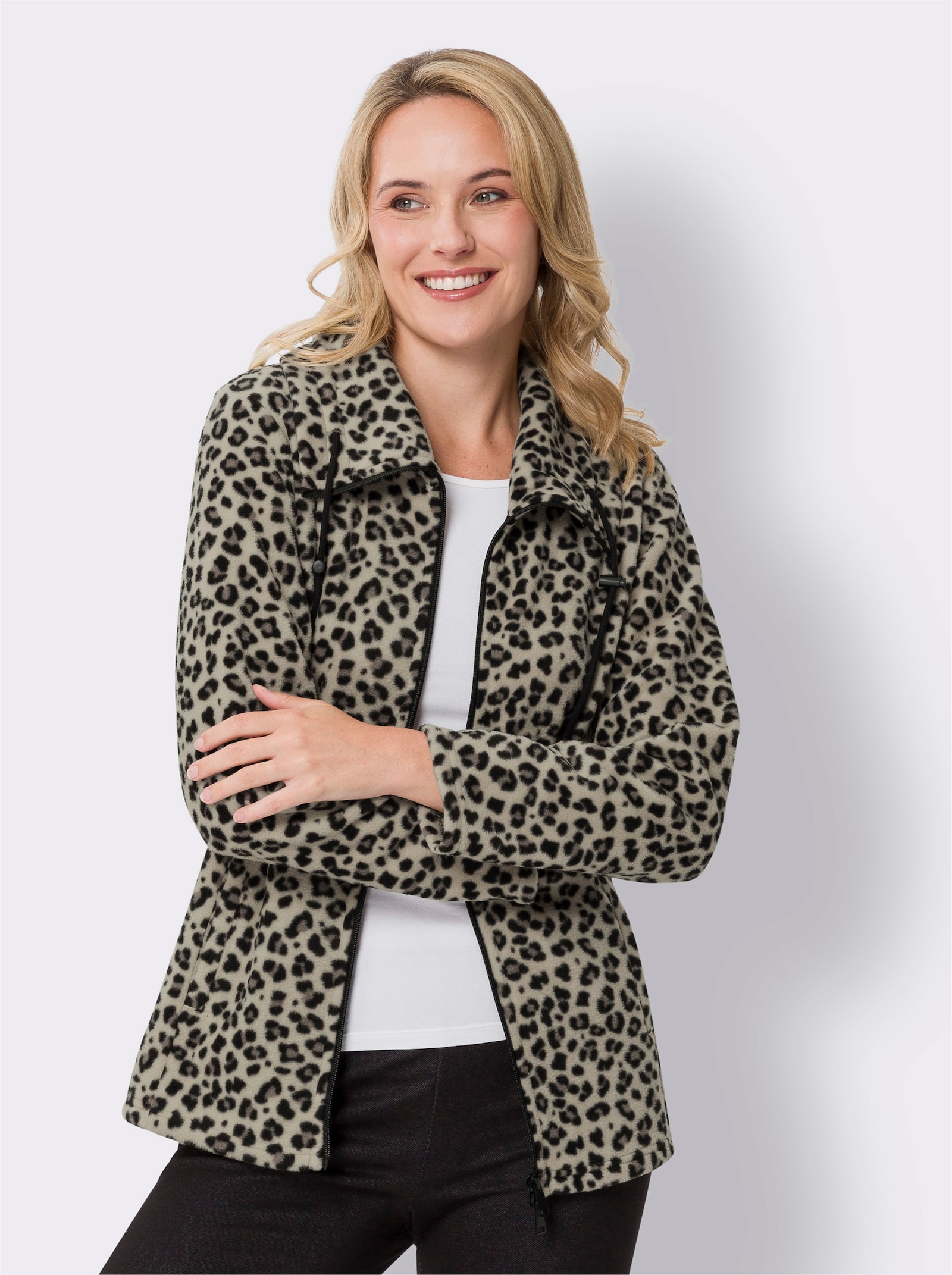 Fleecejacke allover im Leo-Dessin - sand-schwarz-bedruckt