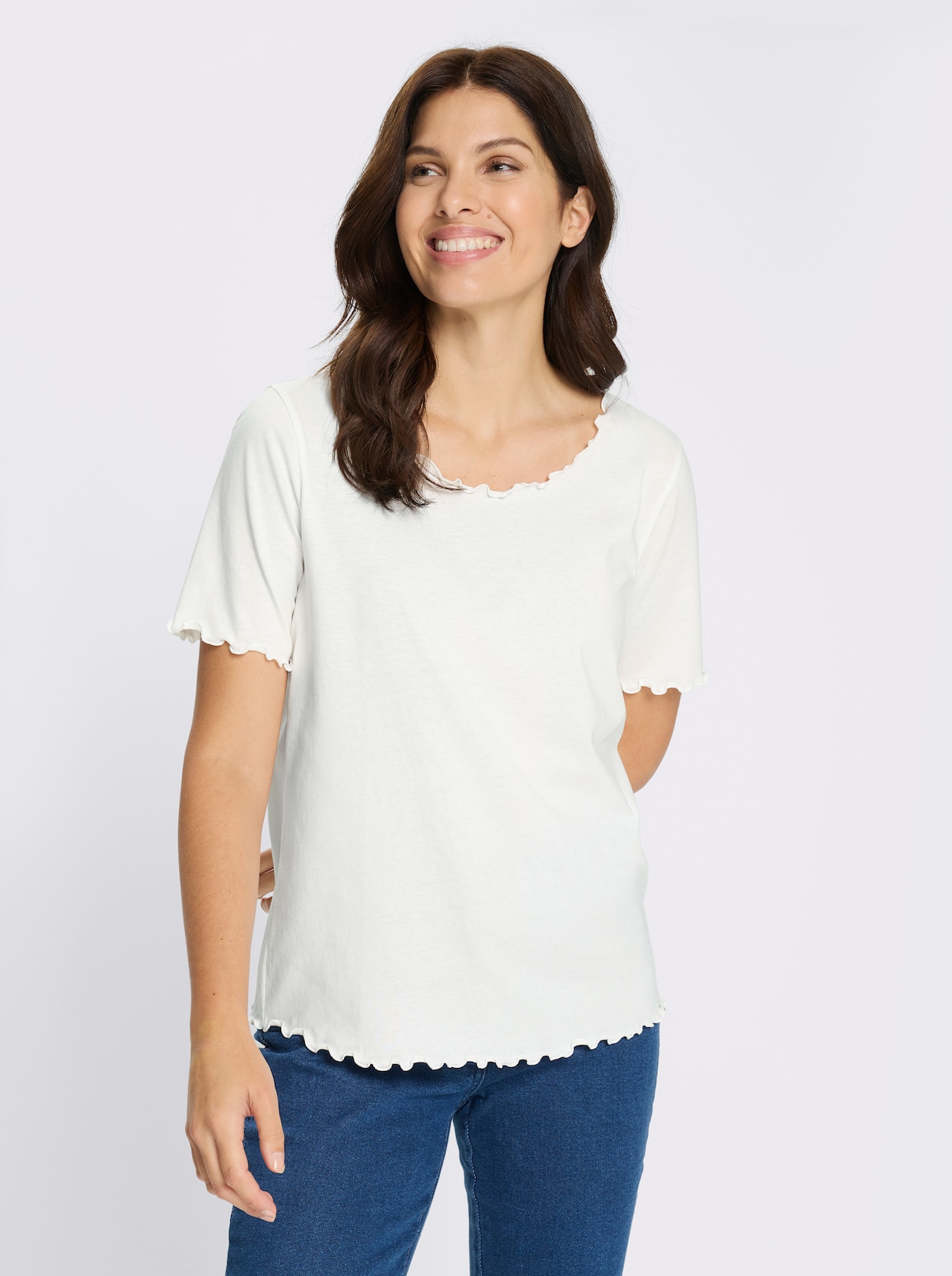 Kurzarmshirt mit gewellten Abschlüssen - ecru