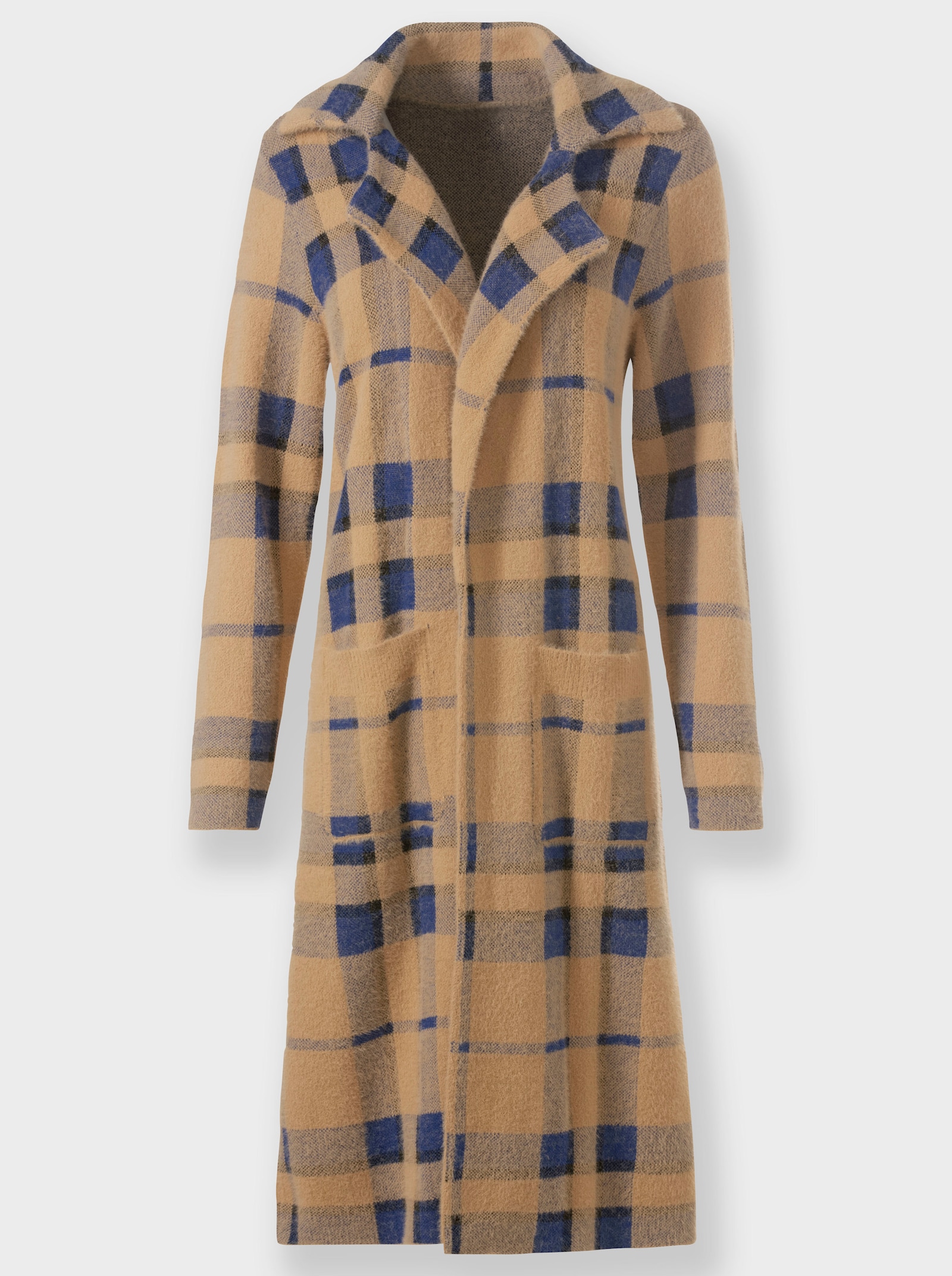 heine Gebreide mantel met reverskraag geruit - camel/koningsblauw geruit