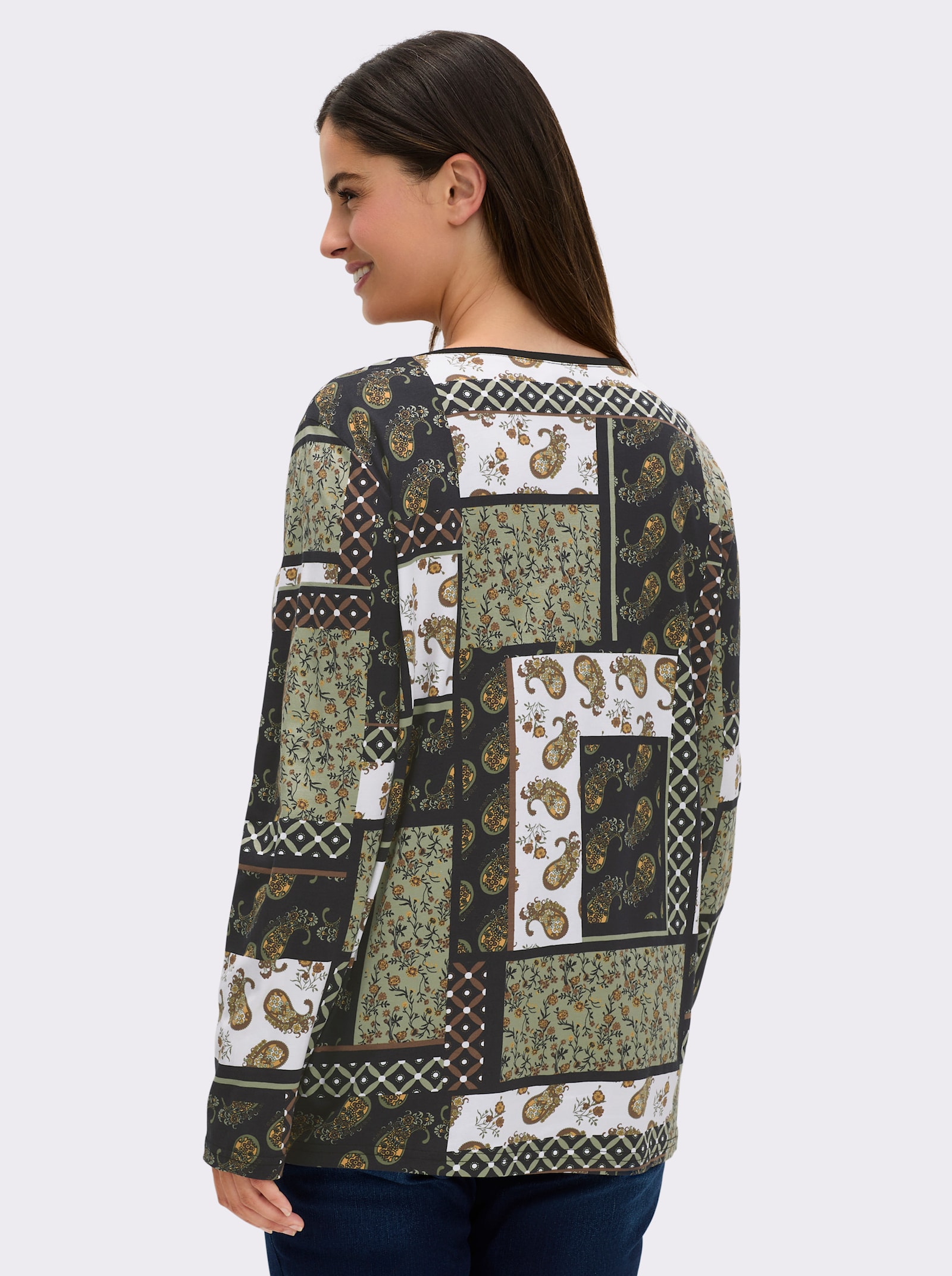 Langarmshirt im Patchwork-Dessin - oliv-bedruckt