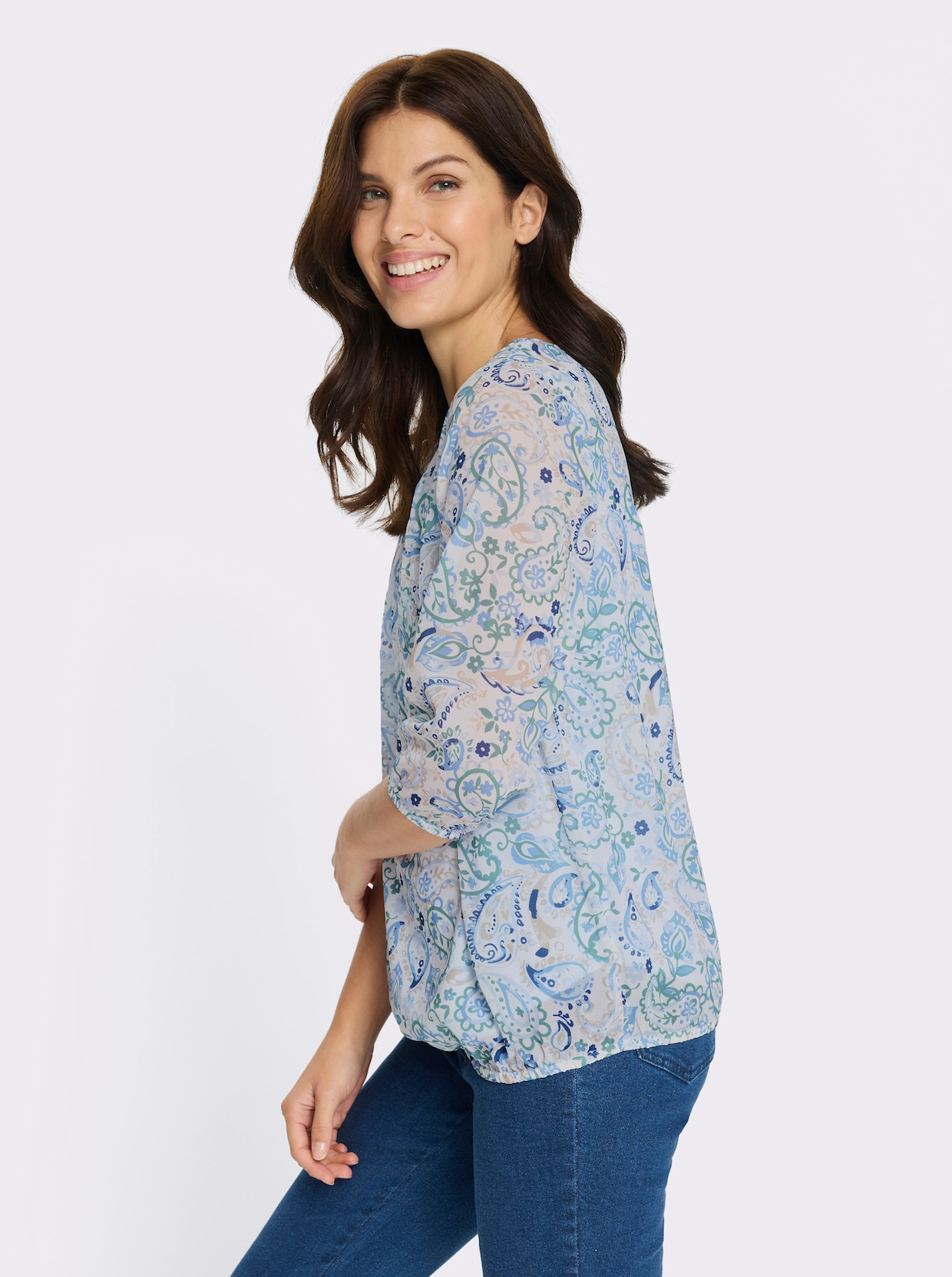 Schlupfbluse in Georgette-Qualität - himmelblau-ecru-bedruckt