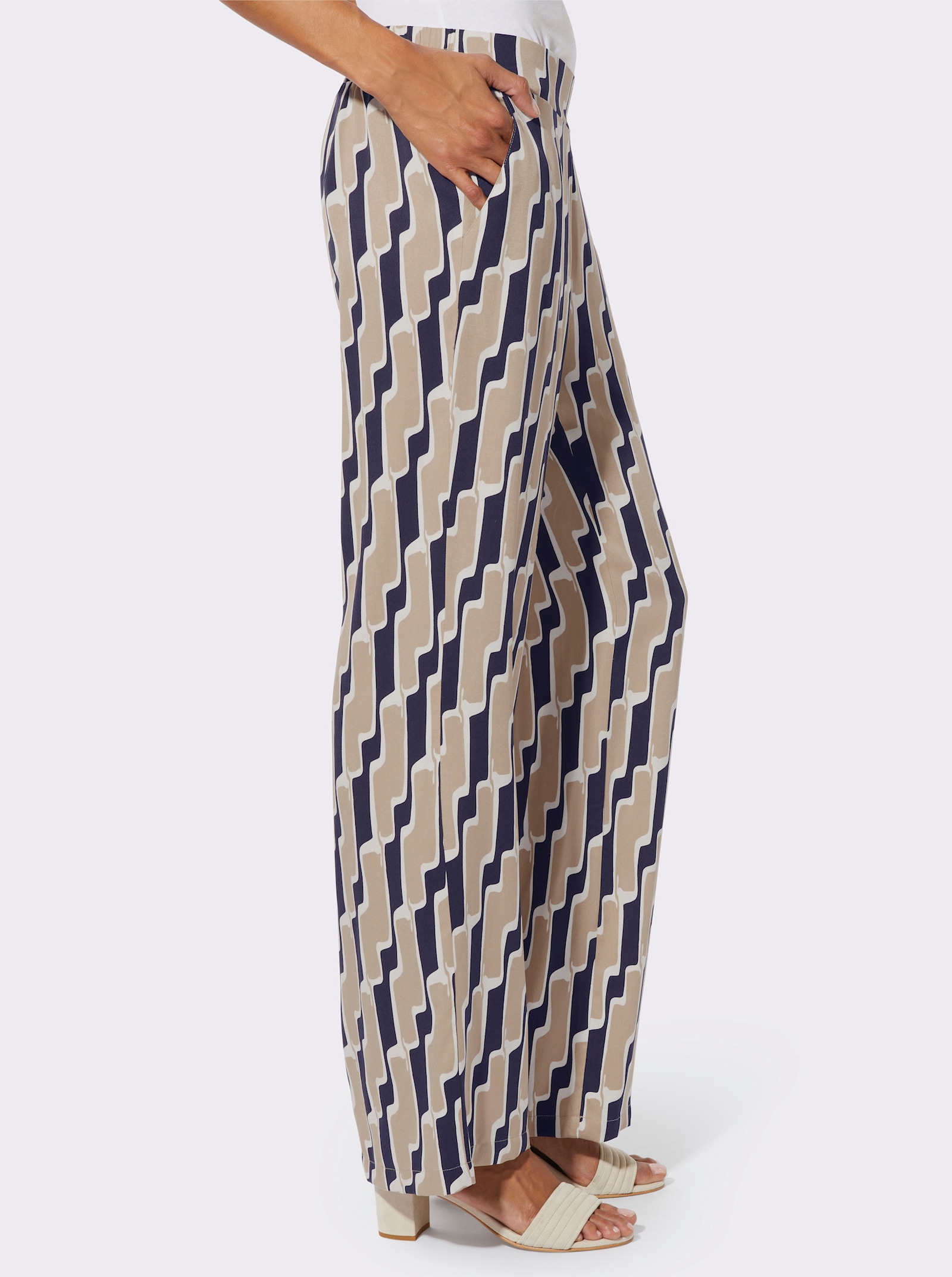 Palazzohose mit weiten Beinen - beige-marine-bedruckt