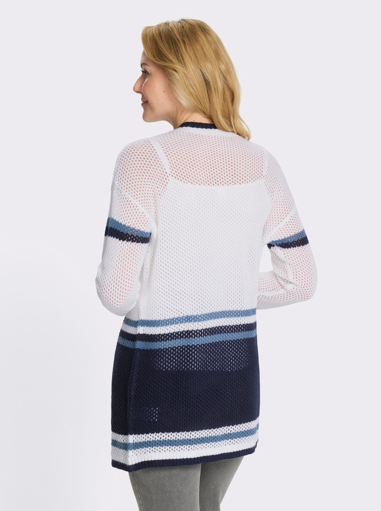 Ajourstrickjacke in offener Longform - weiß-marine-gestreift