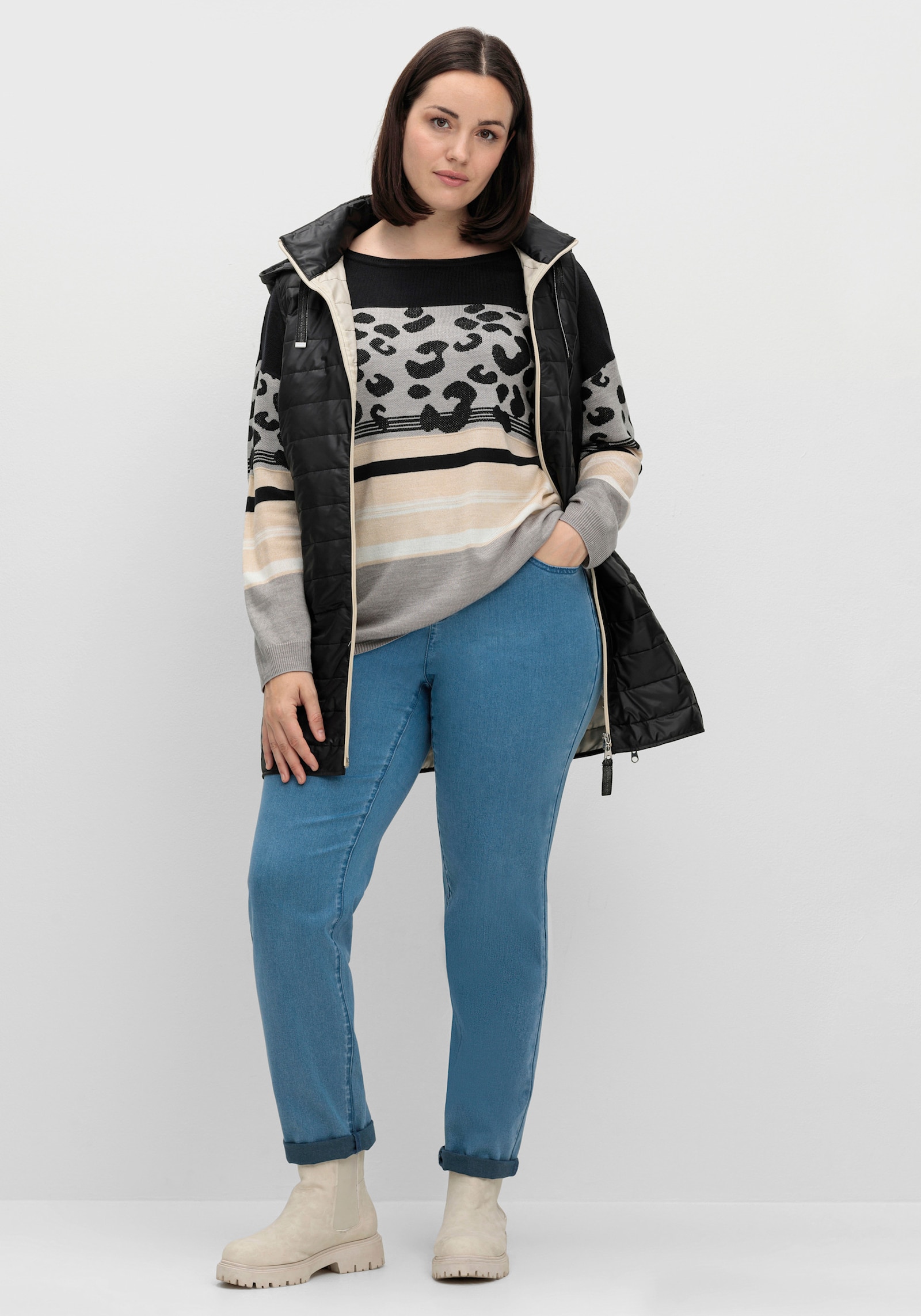 Rundhalspullover im Animal-Print, weich - schwarz-ecru-gemustert