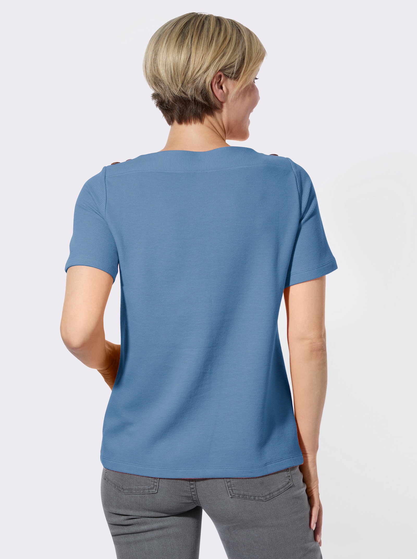 Kurzarmshirt mit Struktur-Jacquard - mittelblau