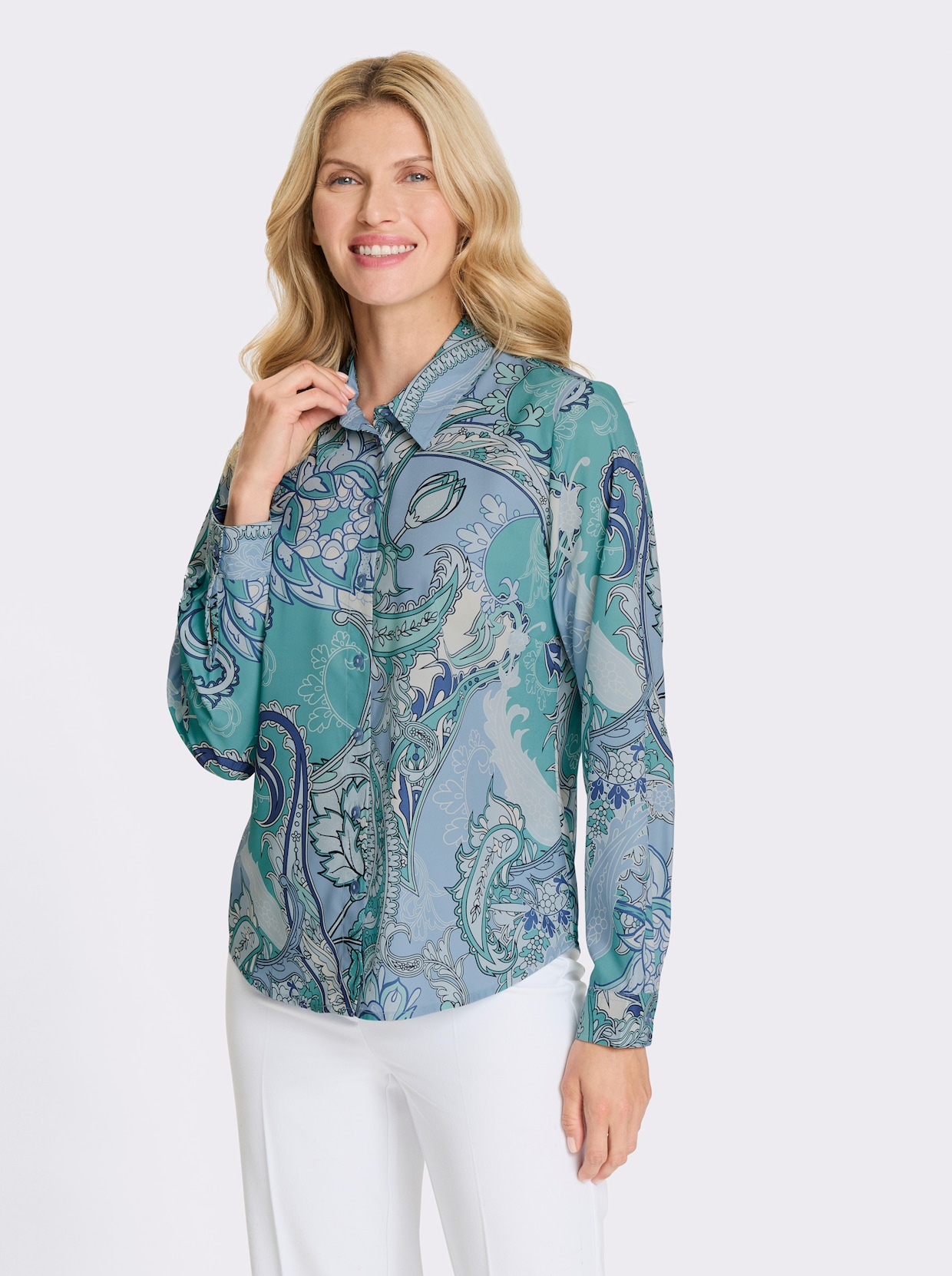 Hemdbluse - himmelblau-eisblau-bedruckt