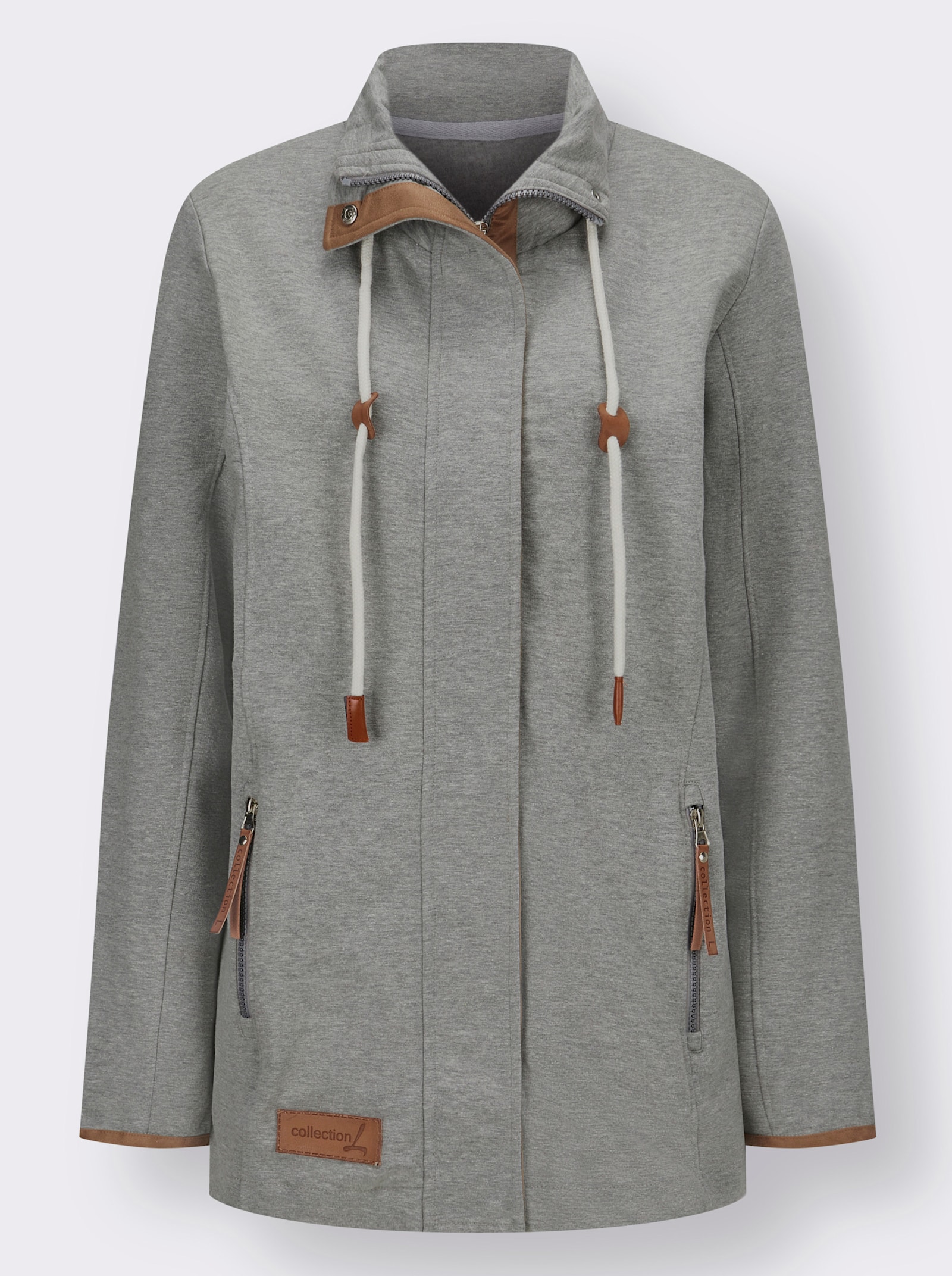 Sweatjacke mit Paspeln aus Leder-Imitat - steingrau-meliert