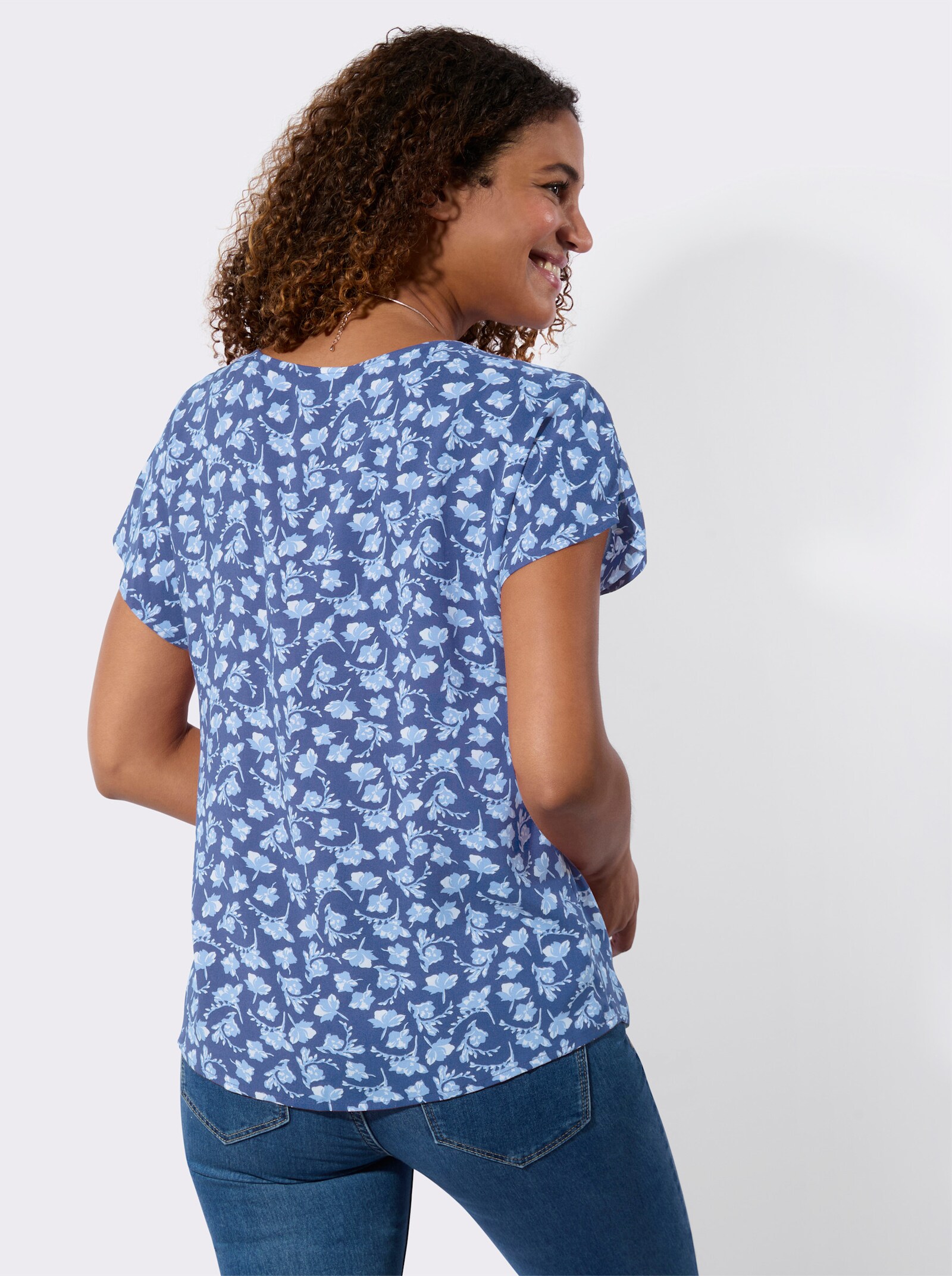 Blusenshirt mit Blüten-Dessin - jeansblau-weiß-bedruckt