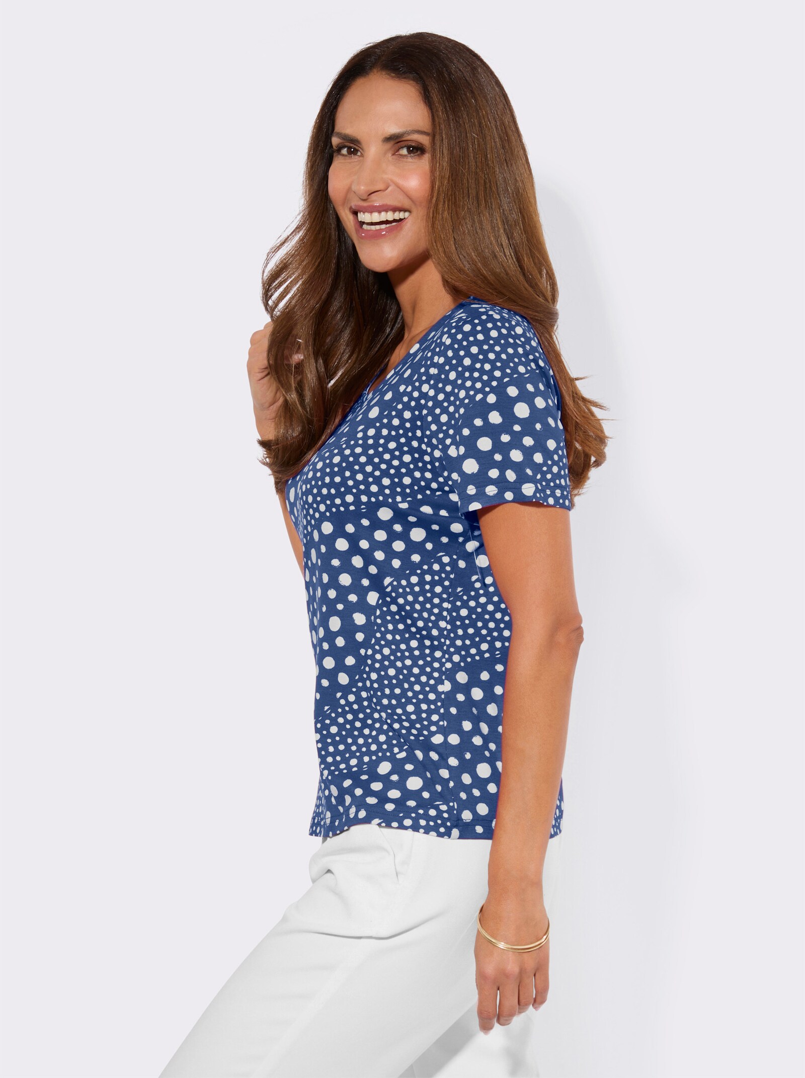 Kurzarmshirt im Tupfenprint - royalblau-ecru-bedruckt