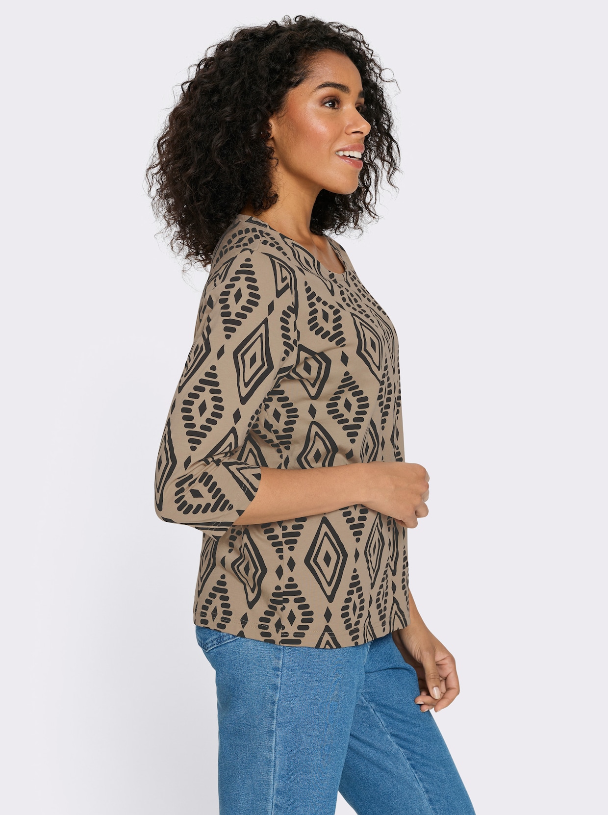 3/4-Arm-Shirt aus reiner Baumwolle, bedruckt - beige-schwarz-bedruckt