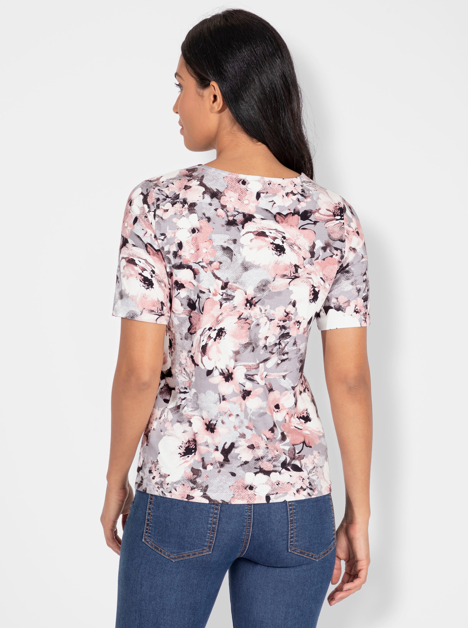 Shirt met korte mouwen in bloemdessin - hortensia/steengrijs bedrukt