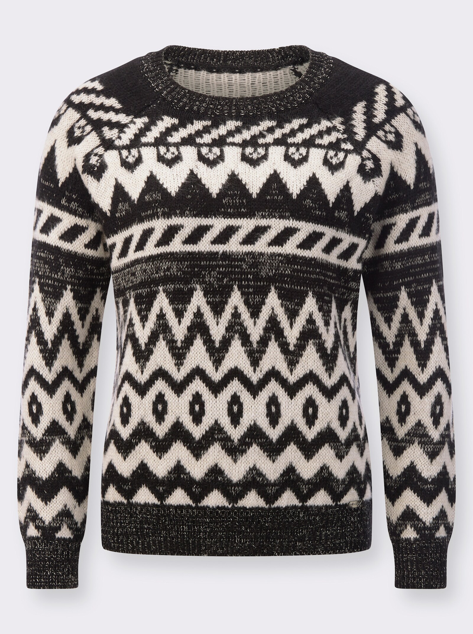 Norwegerpullover mit Rundhals-Ausschnitt - elfenbein-schwarz-gemustert