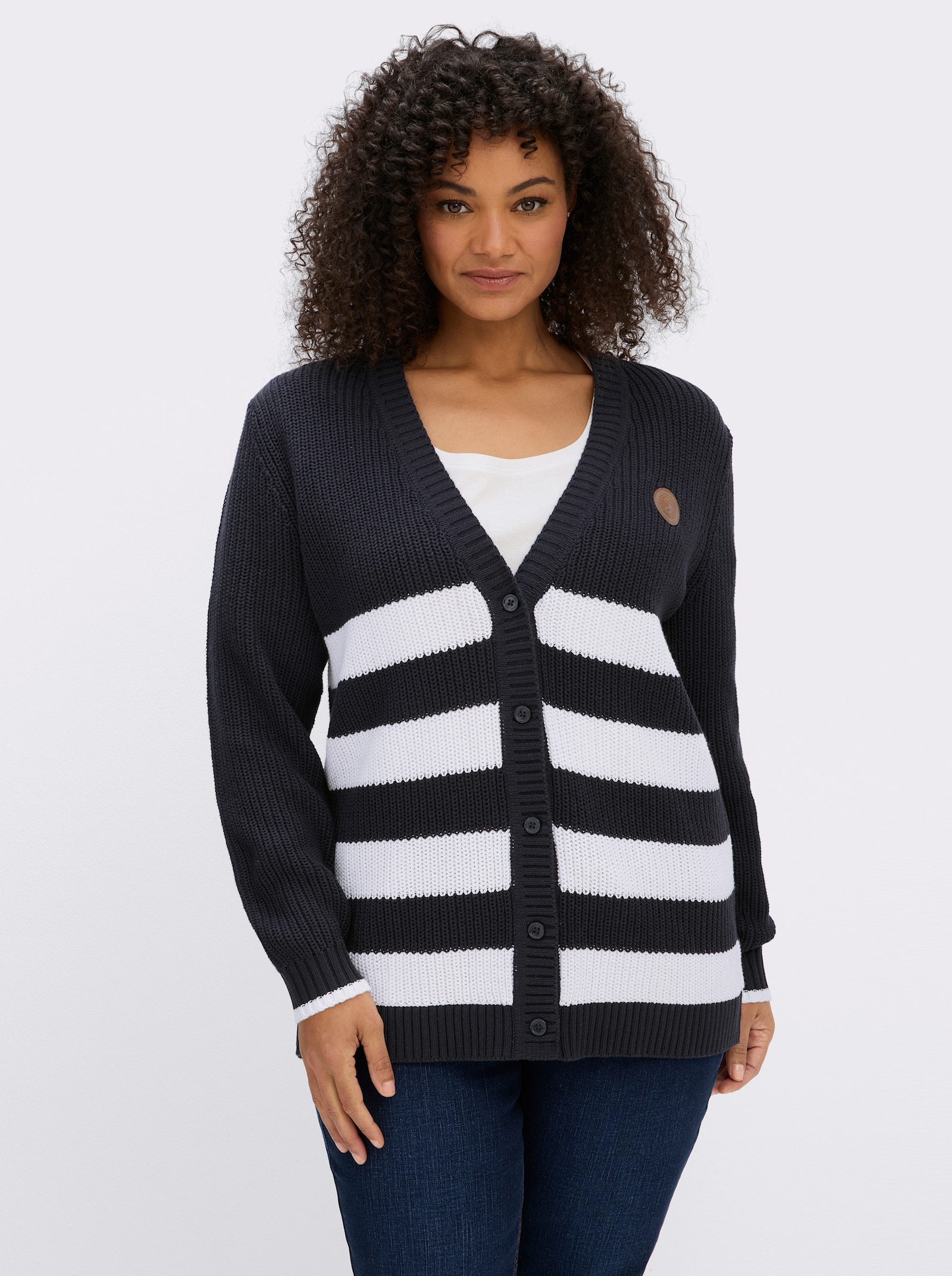 sheego Strickjacke mit Kontraststreifen - tiefblau-ecru-geringelt
