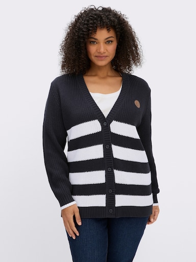 sheego Strickjacke mit Kontraststreifen - tiefblau-ecru-geringelt