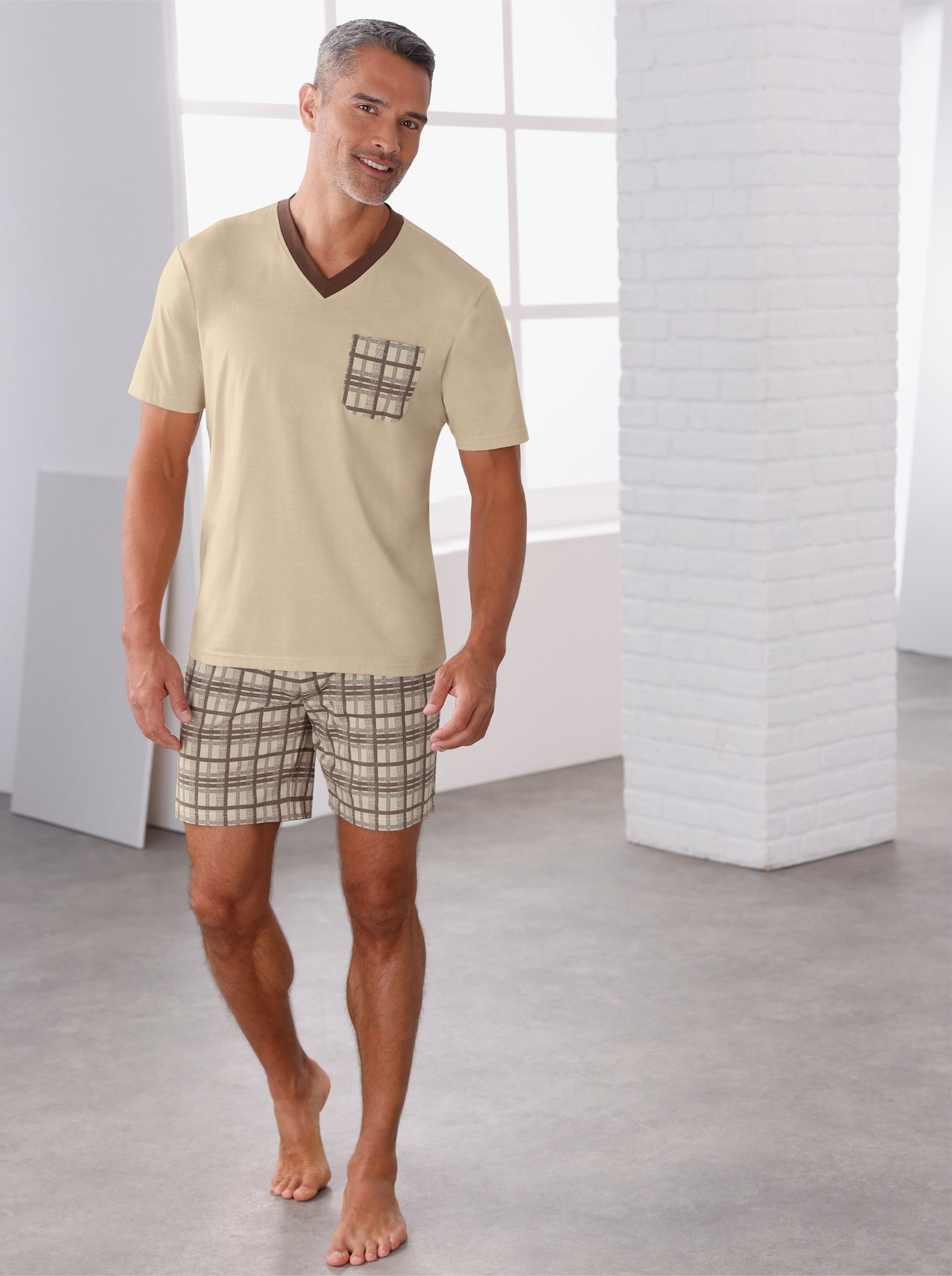 Shortama met ruitpatroon - zand/chocolade