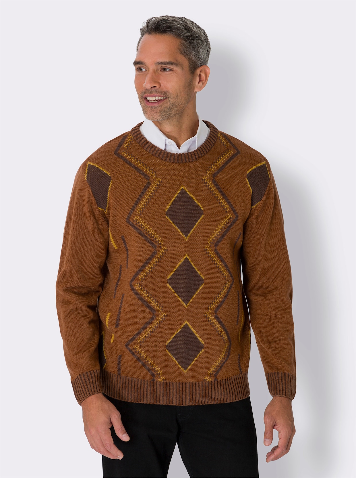 Pullover met ronde hals - cognac/chocolade gedessineerd