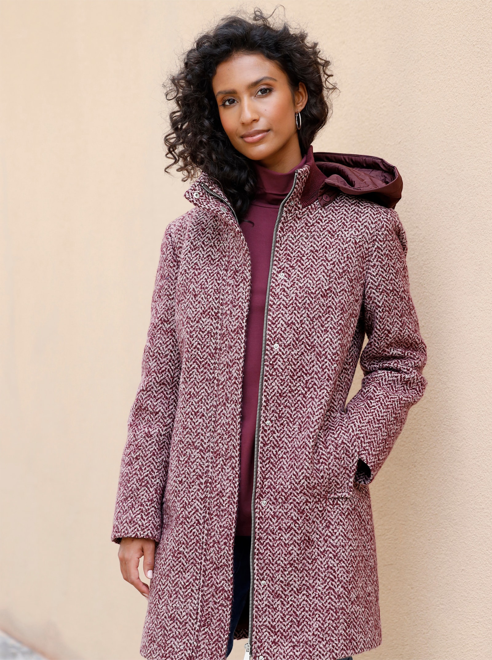 heine Longjacke in Bouclé-Qualität - burgund-mauve-gemustert