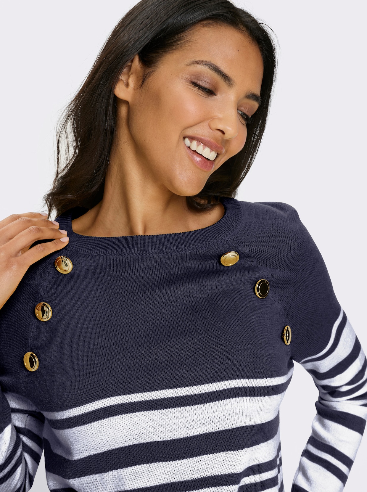 Langarm-Pullover - marine-weiß-geringelt