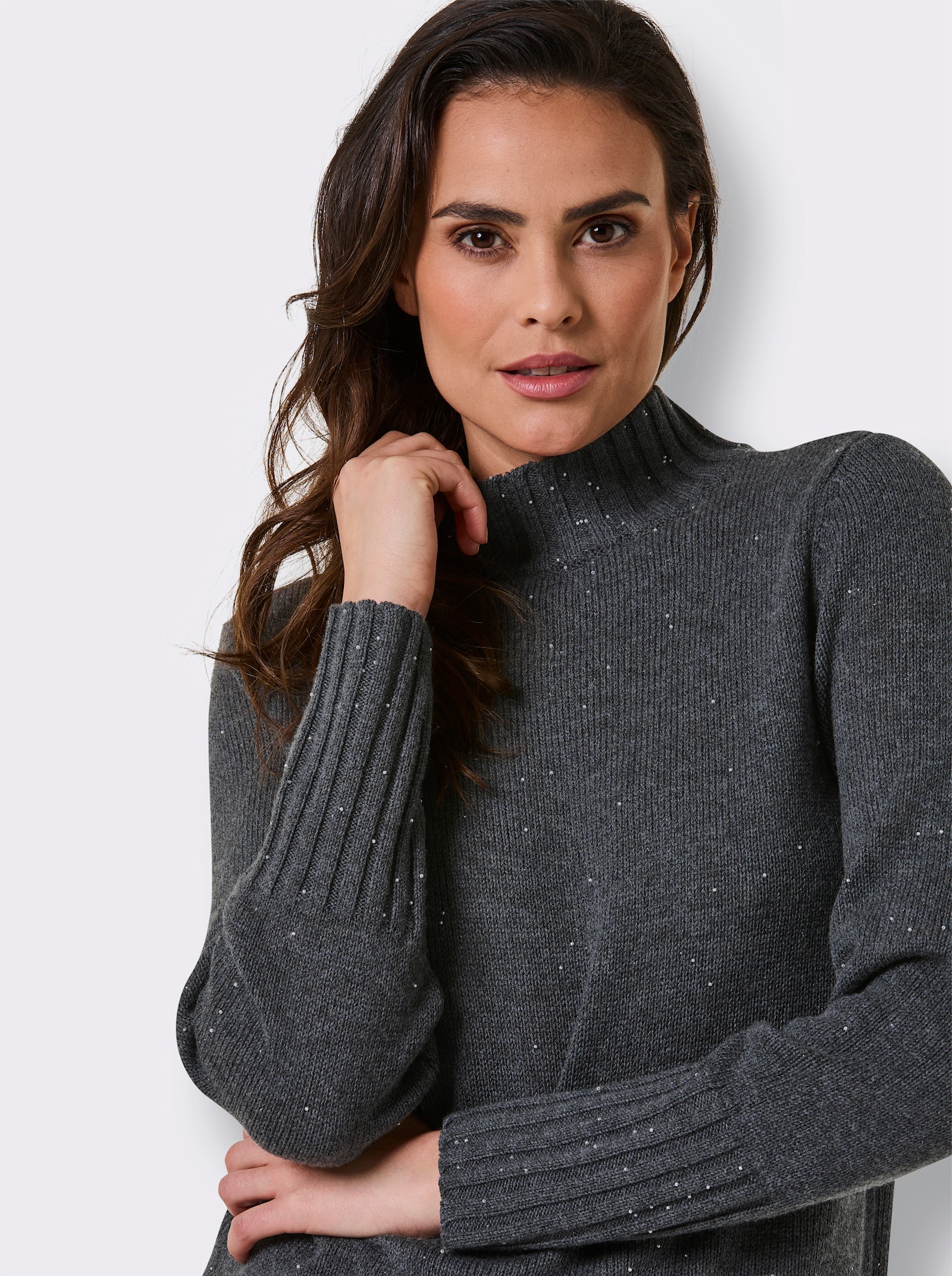 CREATION L PREMIUM Langarm-Pullover mit 10% Kaschmir und Zierperlen - anthrazit