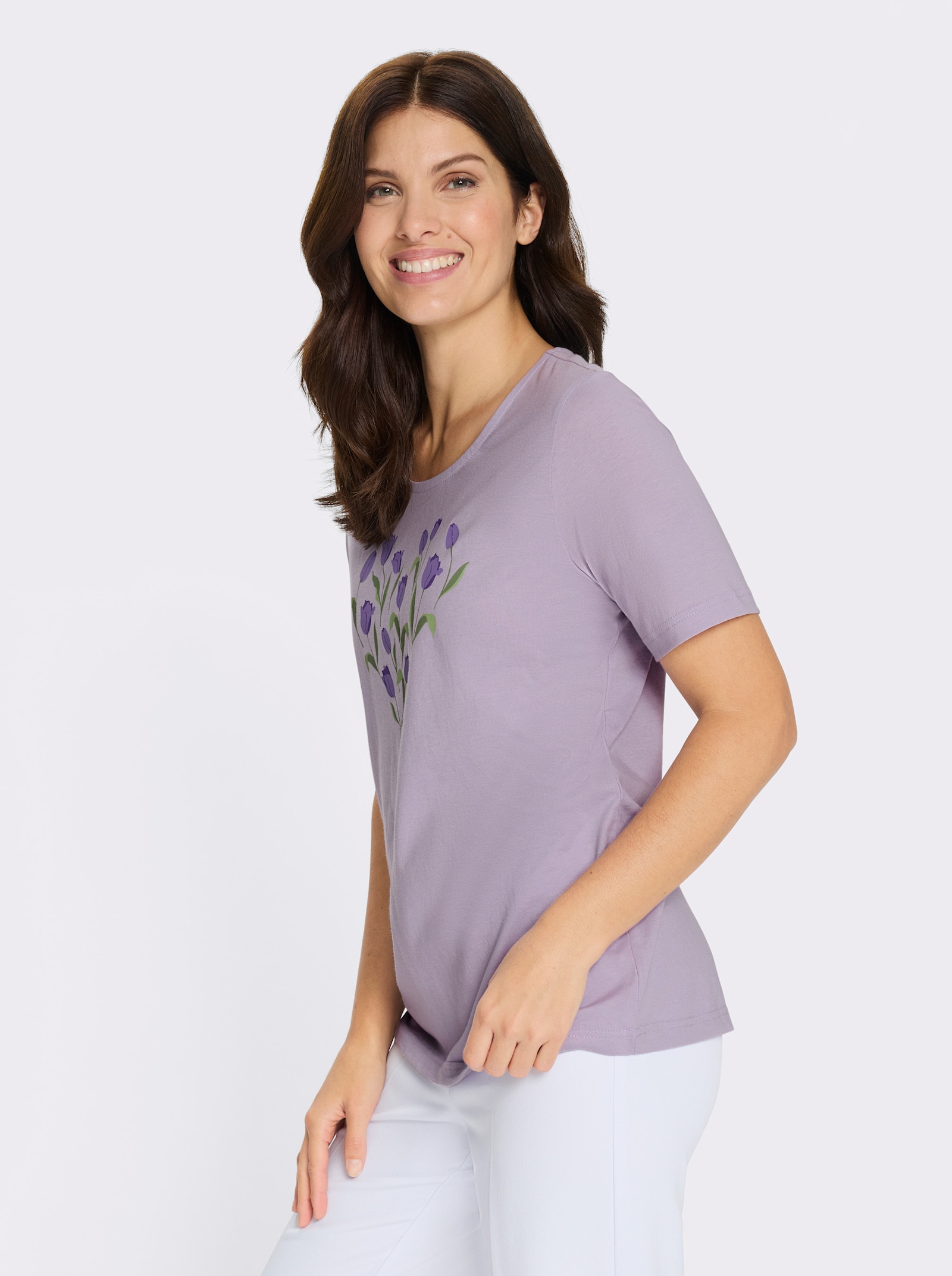 Kurzarmshirt mit platziertem Tulpen-Druck - flieder-lila