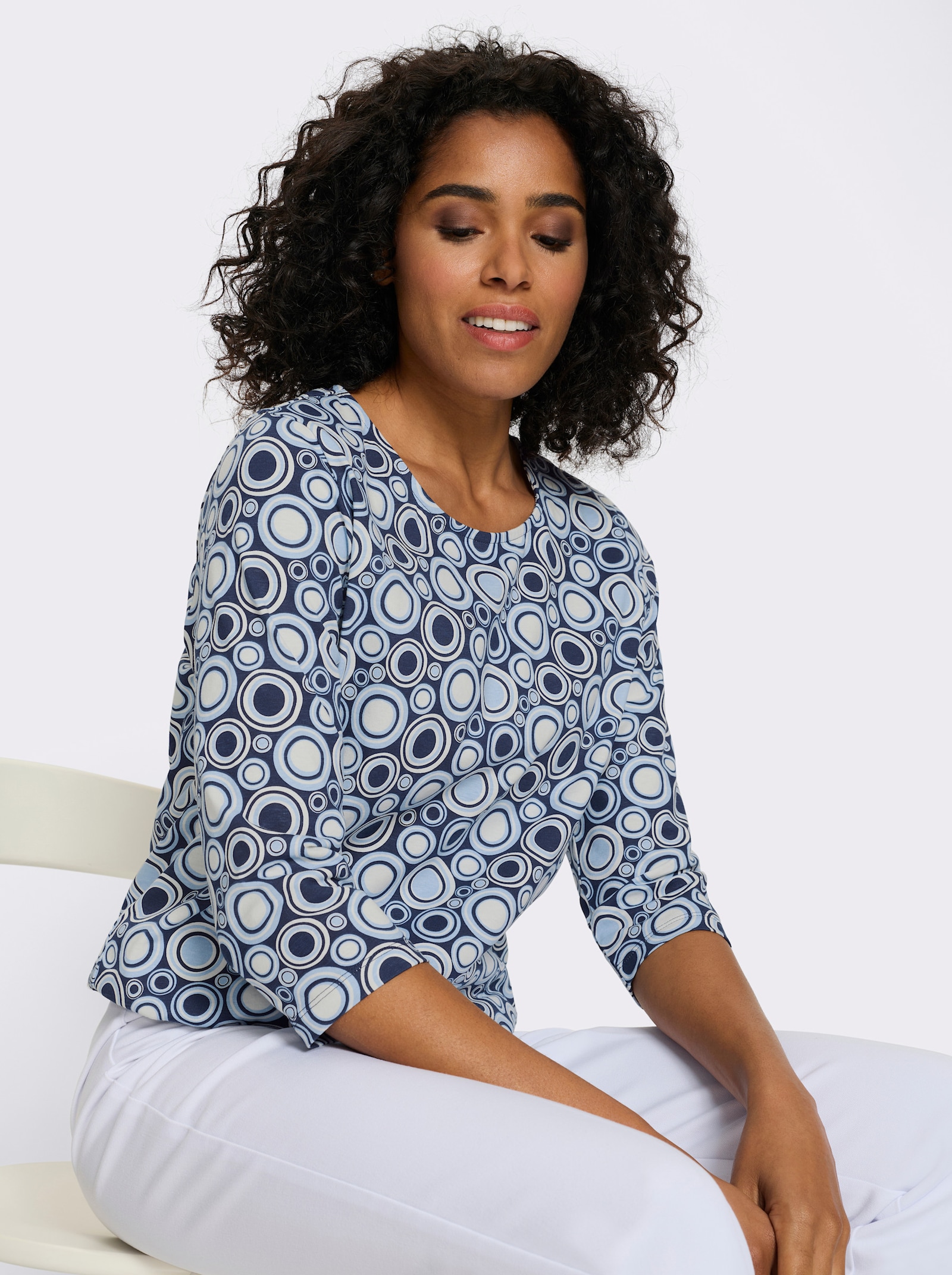 3/4-Arm-Shirt mit Kreise-Muster, Baumwolle - marine-ecru-gemustert